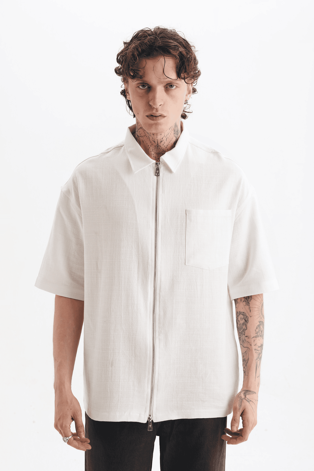 Erkek Lilyum Keten Fermuarlı Cepli Gömlek Ekru