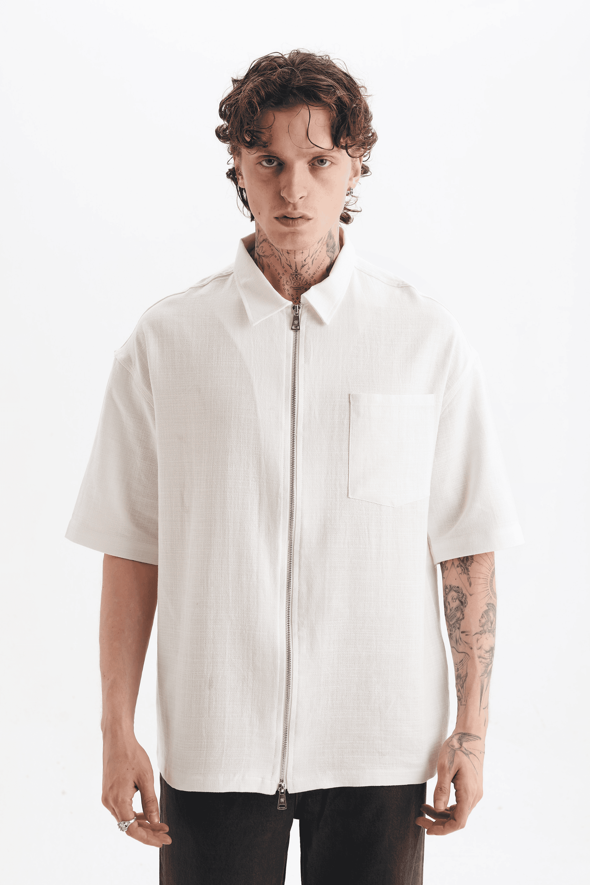 Erkek Lilyum Keten Fermuarlı Cepli Gömlek Ekru