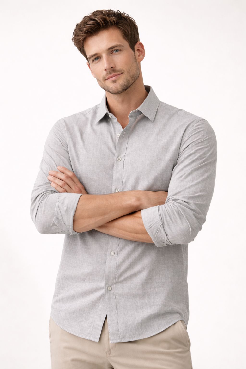 Premium Flamlı Pamuklu Keten Görünümlü Erkek Gömlek Bej