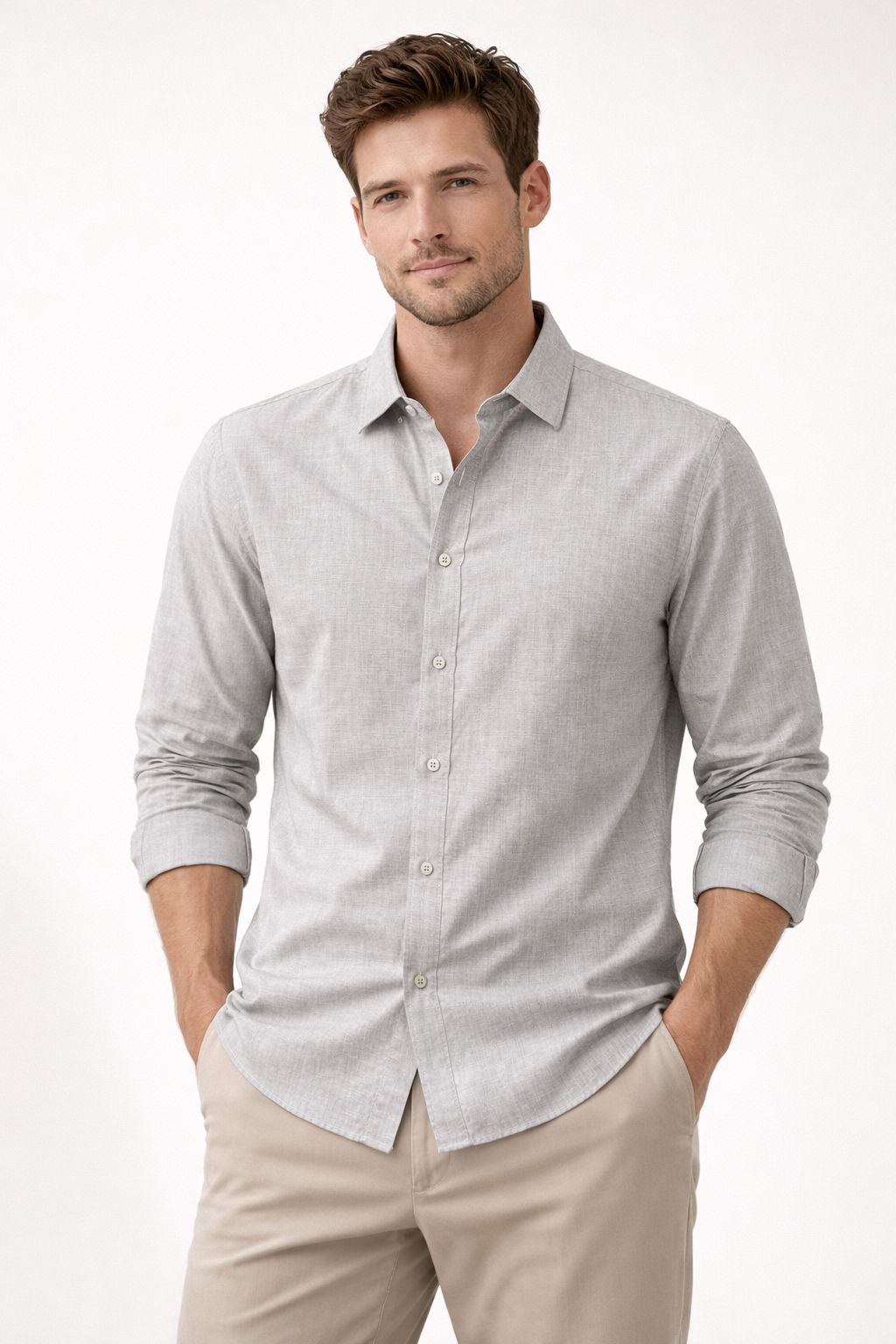 Premium Flamlı Pamuklu Keten Görünümlü Erkek Gömlek Bej