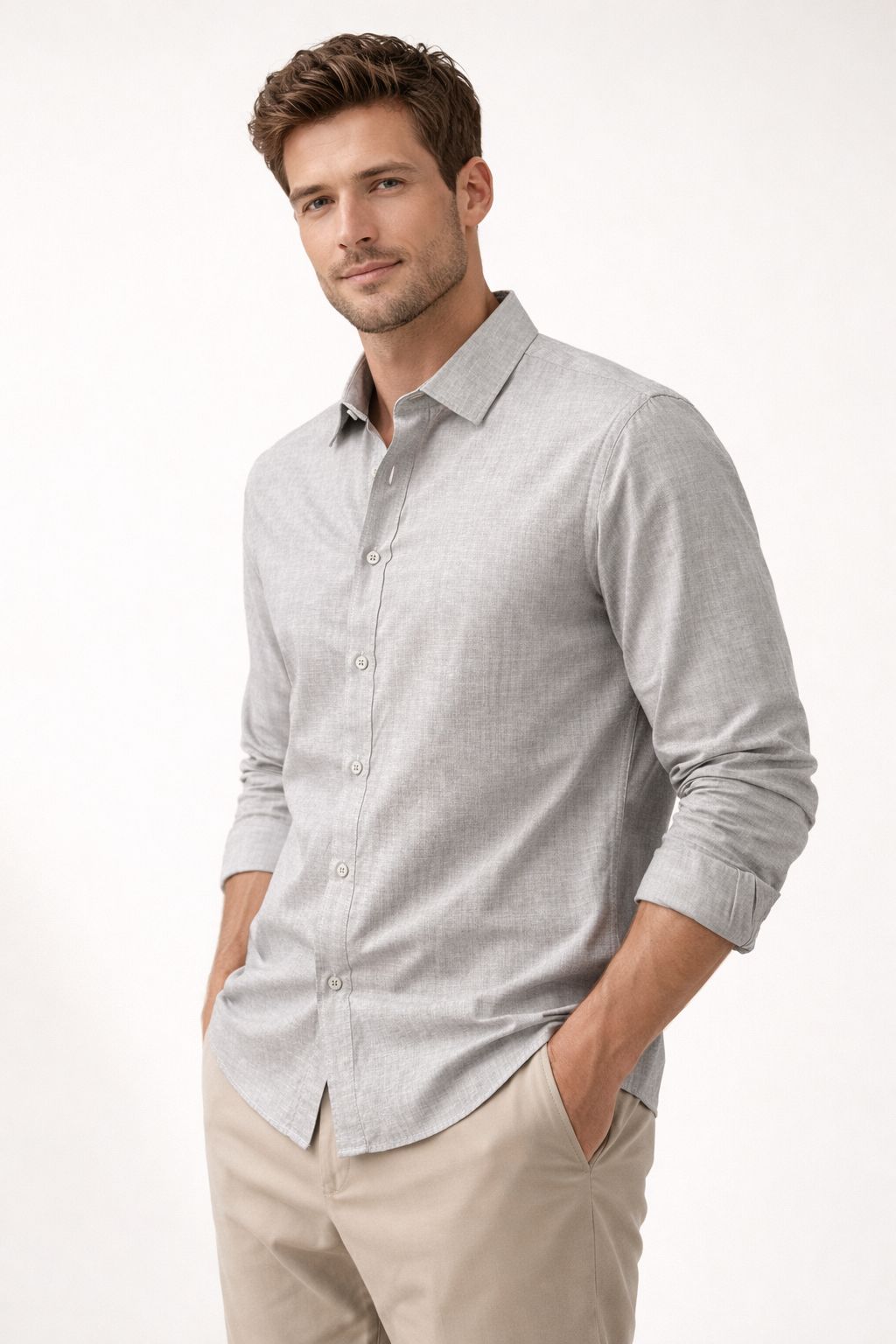 Premium Flamlı Pamuklu Keten Görünümlü Erkek Gömlek Bej