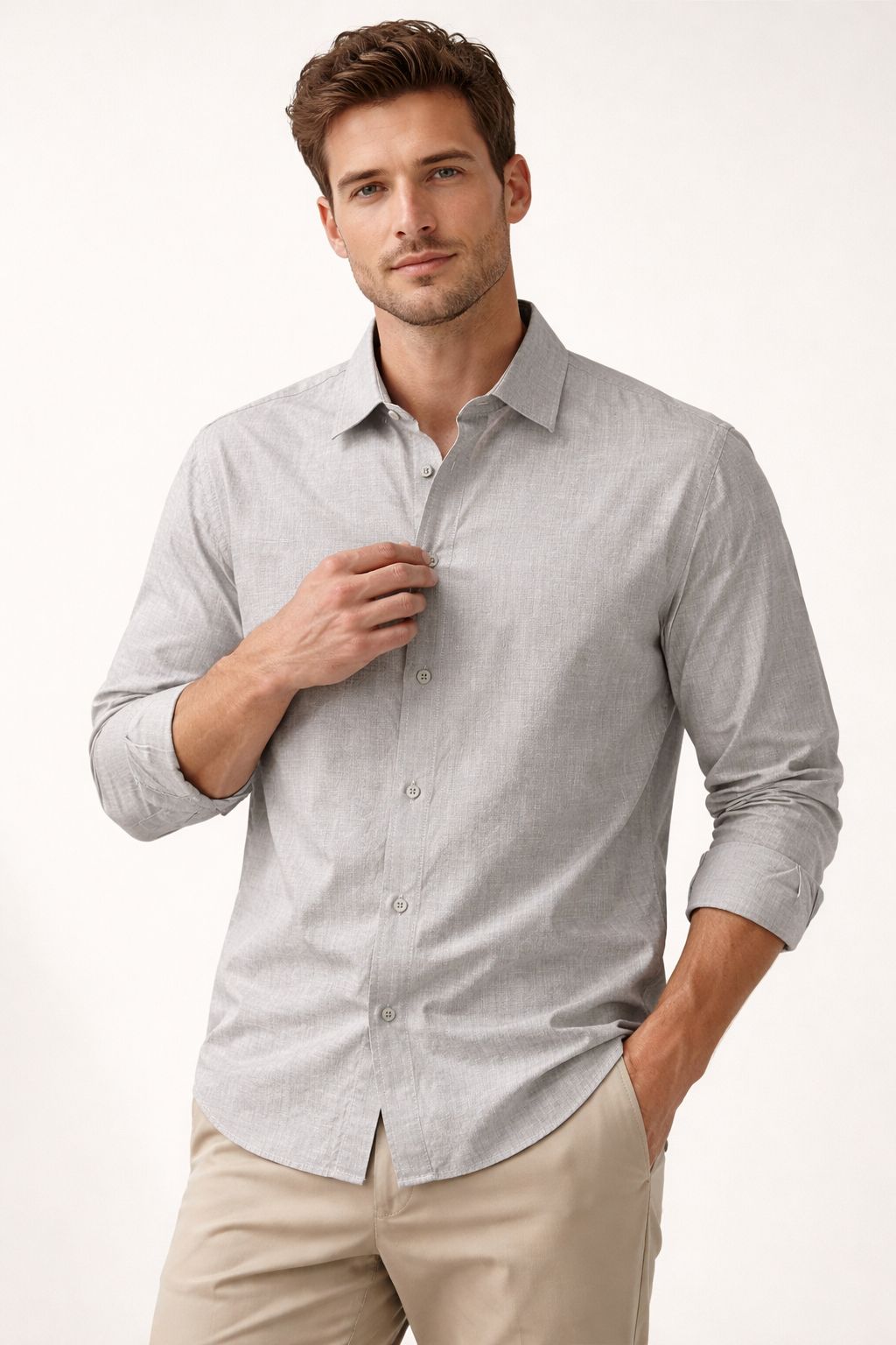 Premium Flamlı Pamuklu Keten Görünümlü Erkek Gömlek Bej
