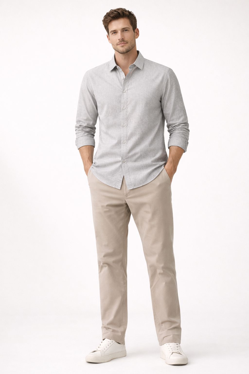 Premium Flamlı Pamuklu Keten Görünümlü Erkek Gömlek Bej