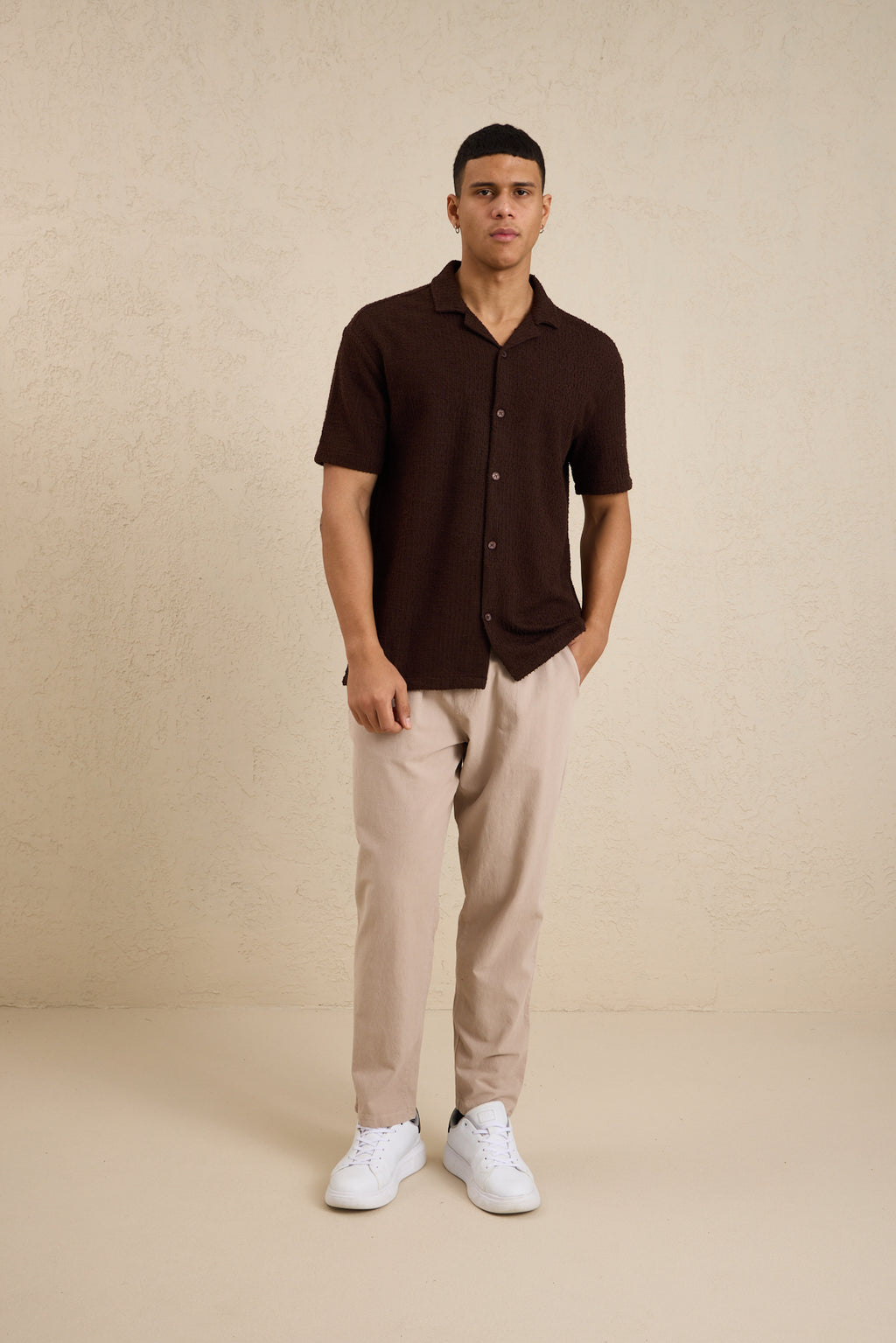 Erkek Teknik Kumaş Jakarlı Gömlek Kahverengi