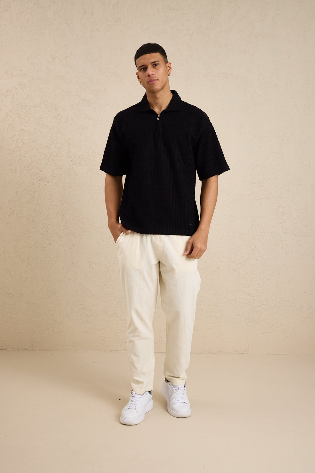 Erkek Teknik Kumaş Polo Yaka Tshirt Siyah