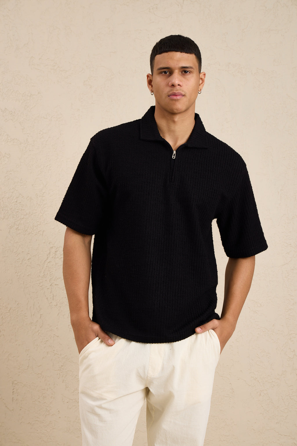 Erkek Teknik Kumaş Polo Yaka Tshirt Siyah