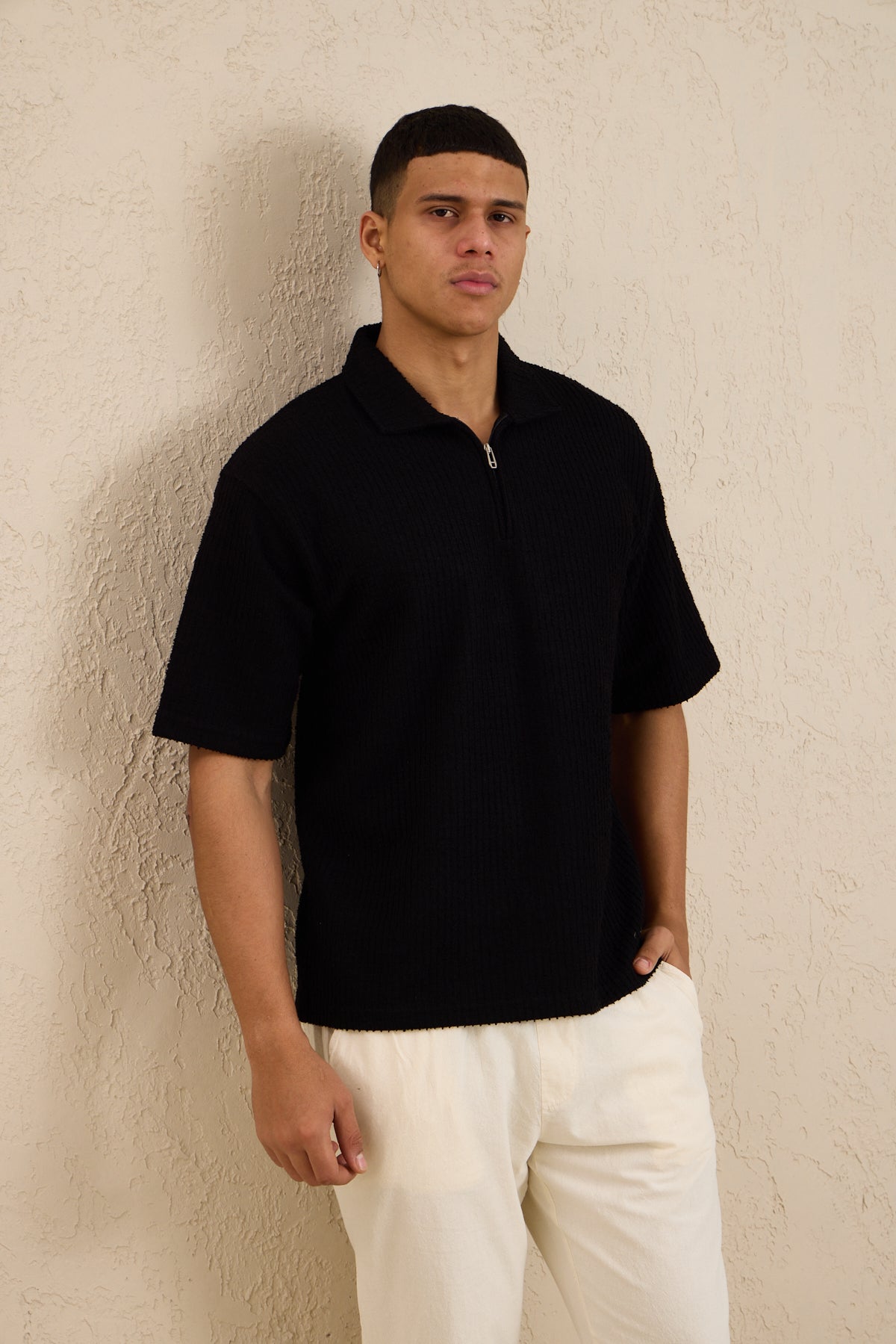 Erkek Teknik Kumaş Polo Yaka Tshirt Siyah