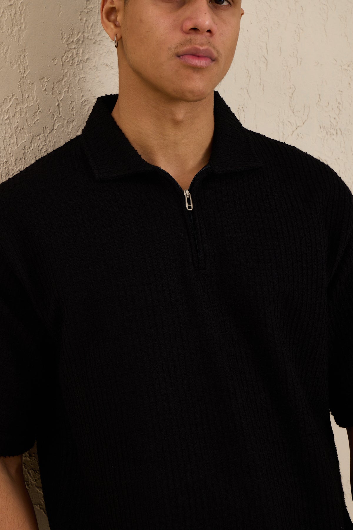 Erkek Teknik Kumaş Polo Yaka Tshirt Siyah