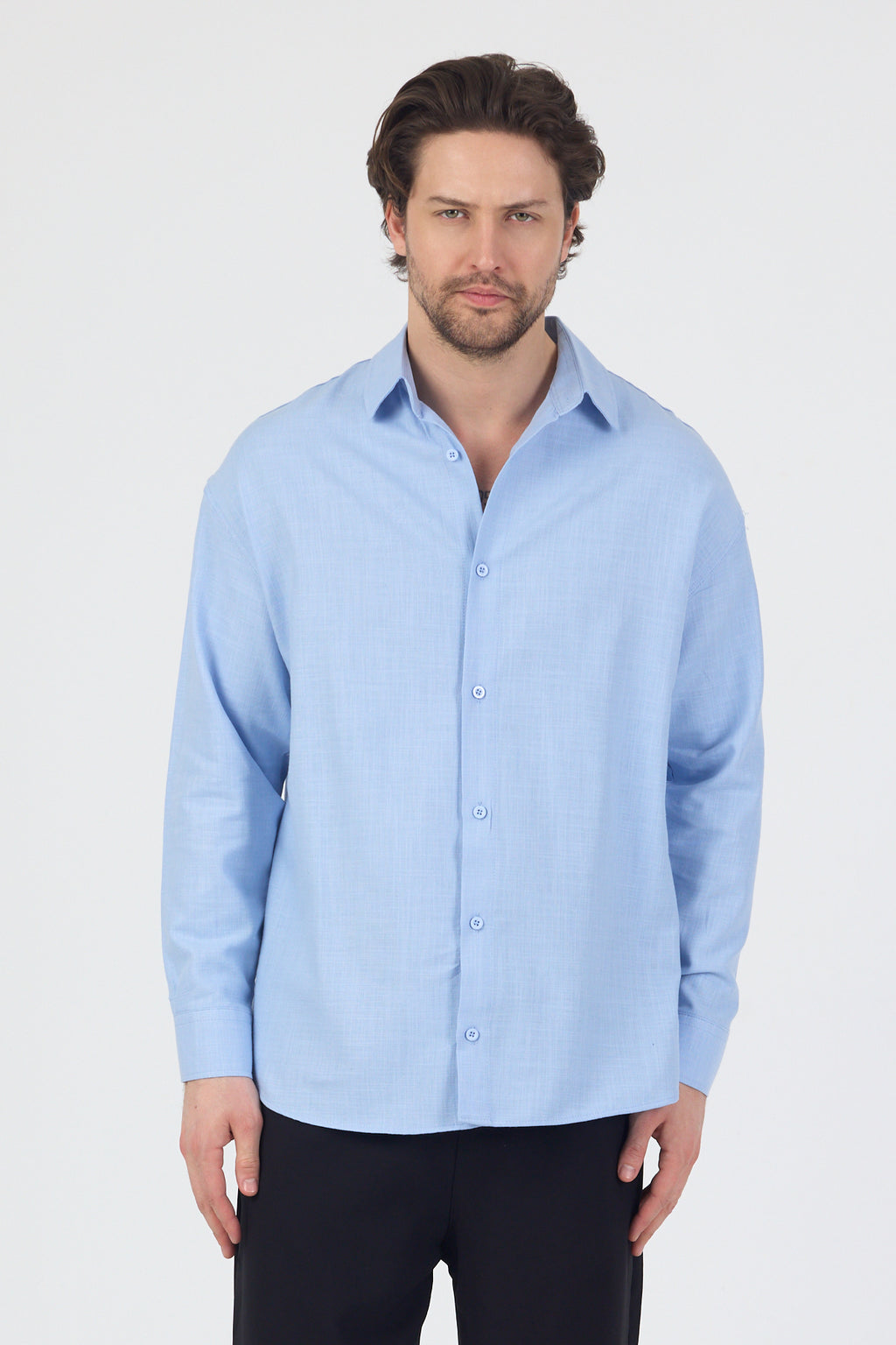 Erkek Pamuklu Keten Görünümlü Gömlek Mavi
