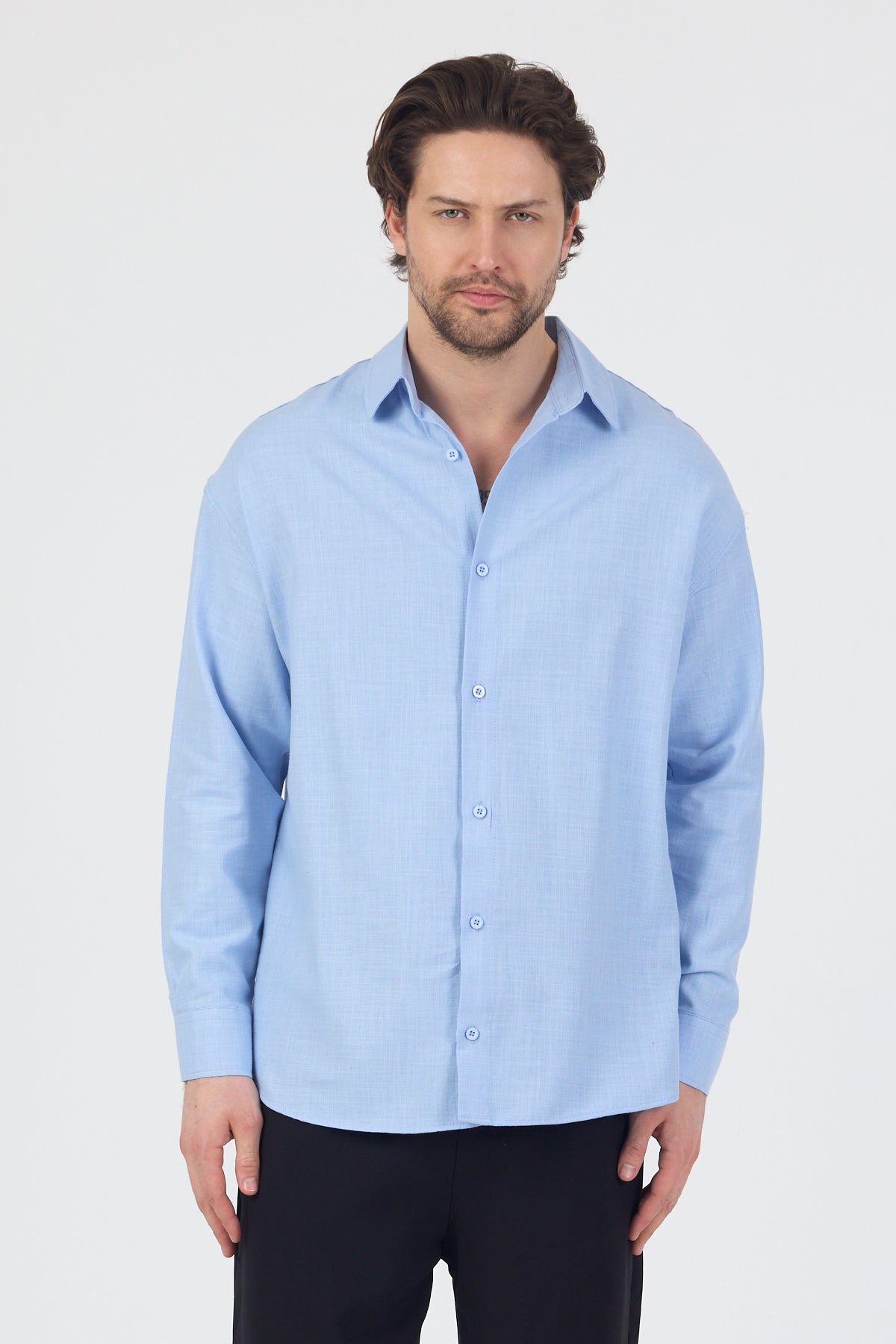 Erkek Pamuklu Keten Görünümlü Gömlek Mavi