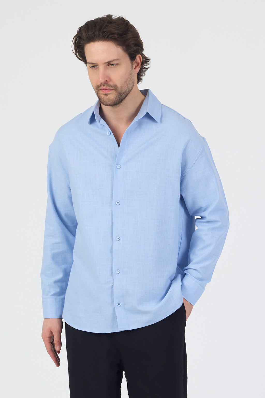 Erkek Pamuklu Keten Görünümlü Gömlek Mavi