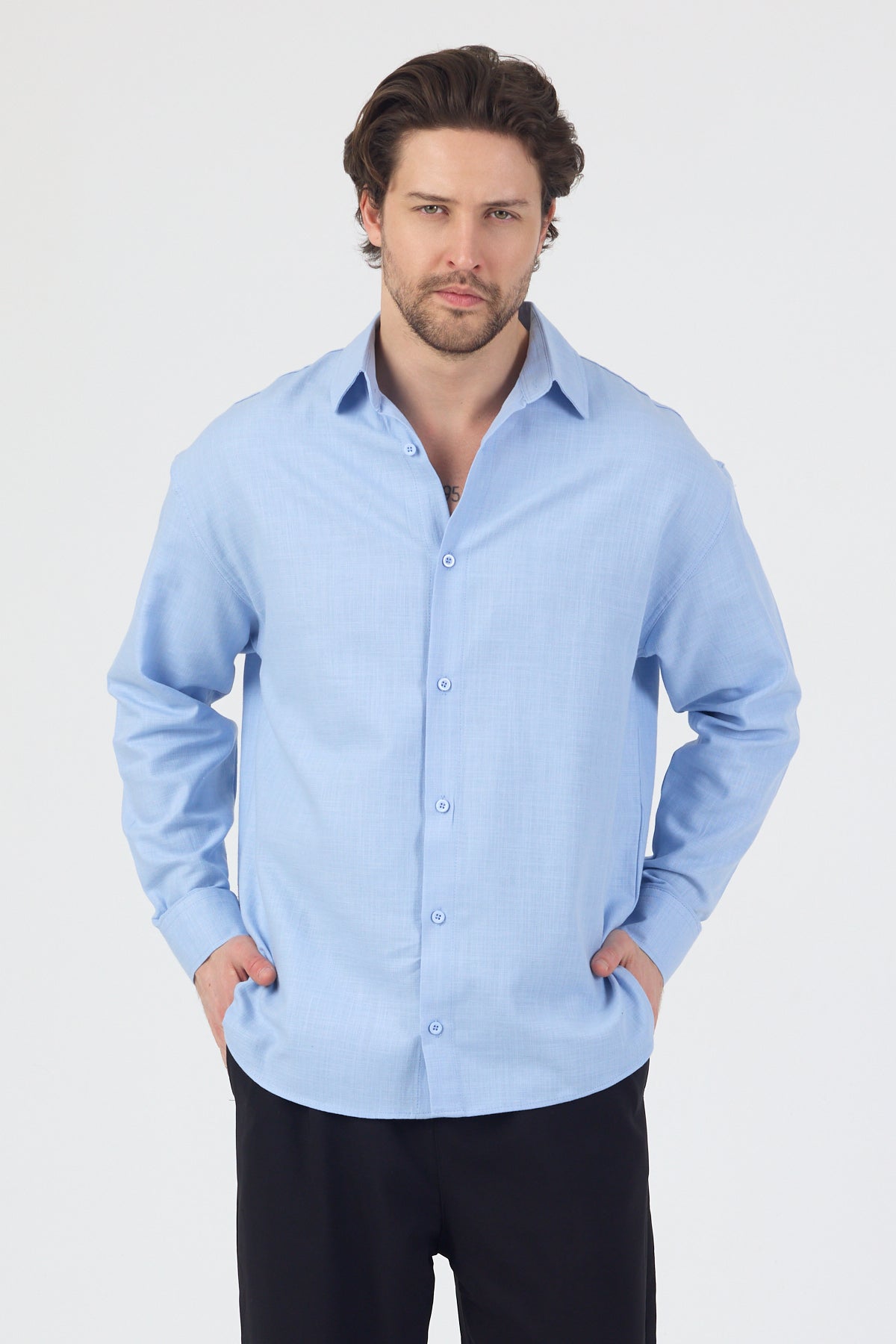Erkek Pamuklu Keten Görünümlü Gömlek Mavi