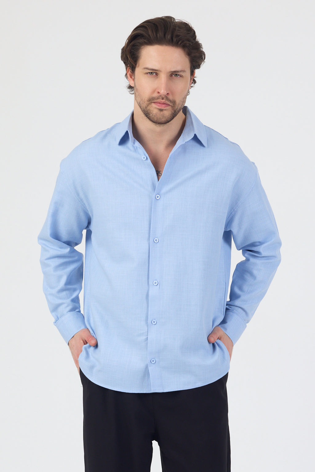 Erkek Pamuklu Keten Görünümlü Gömlek Mavi