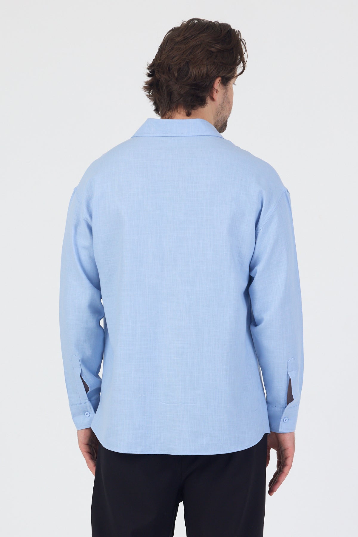 Erkek Pamuklu Keten Görünümlü Gömlek Mavi