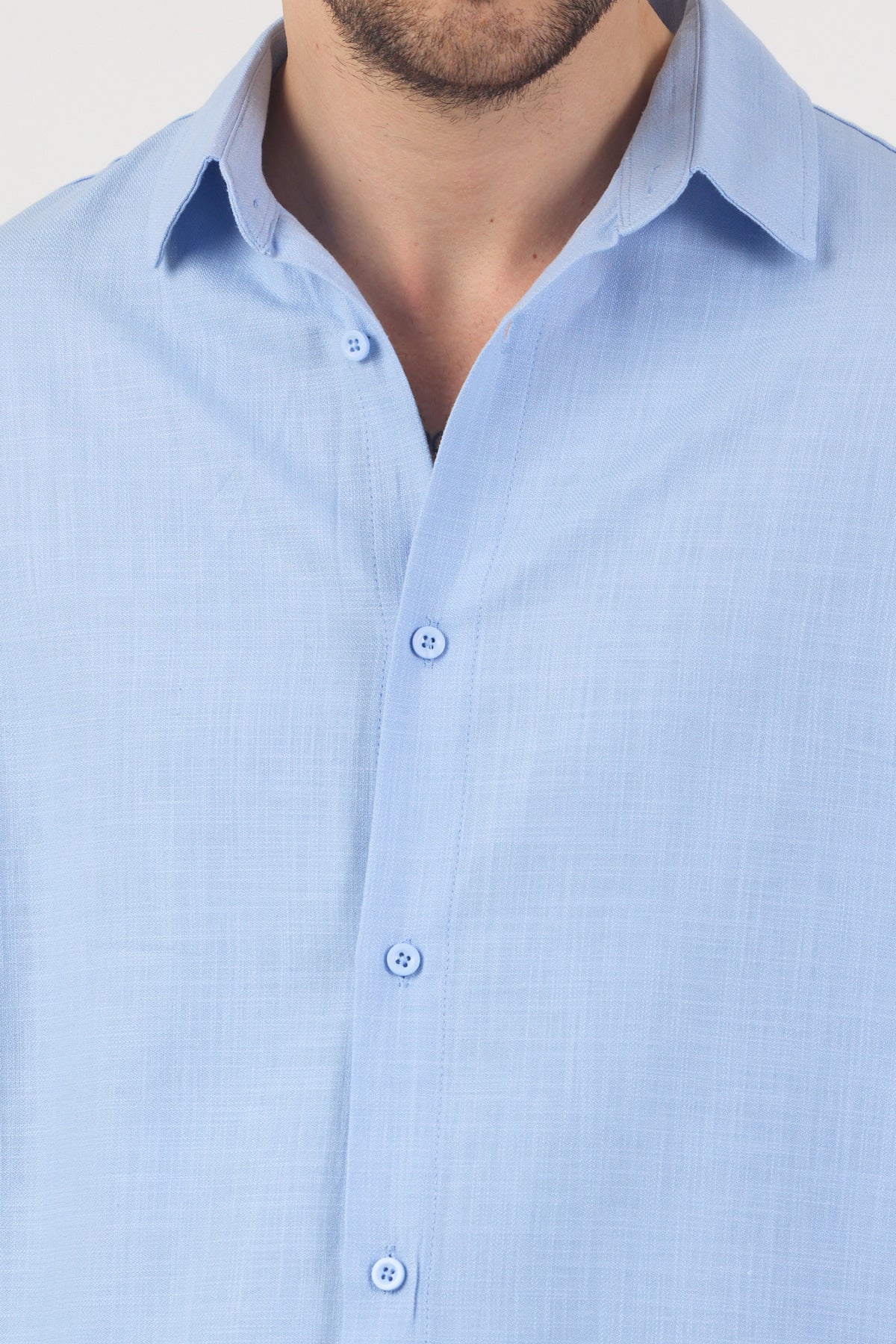 Erkek Pamuklu Keten Görünümlü Gömlek Mavi