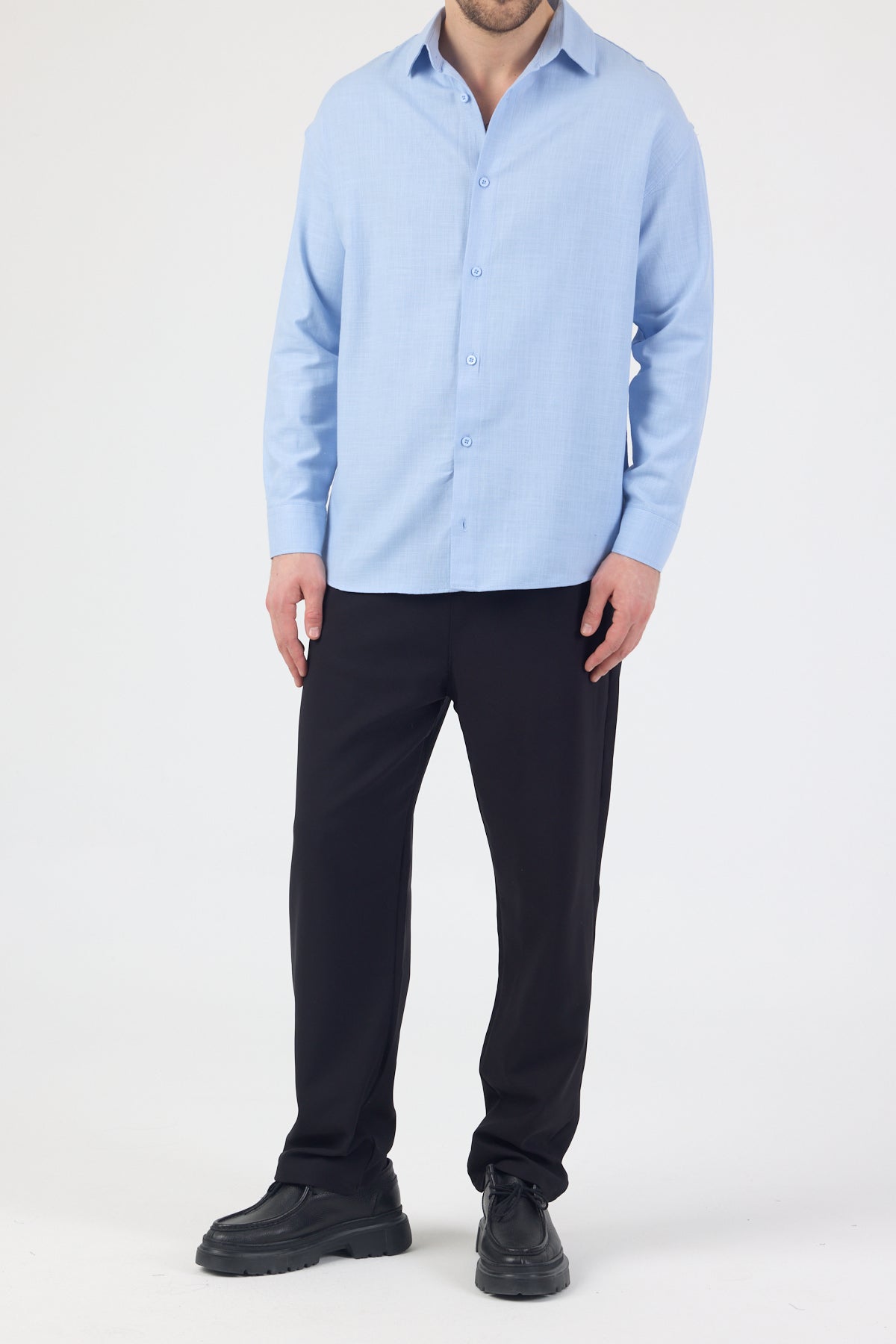 Erkek Pamuklu Keten Görünümlü Gömlek Mavi