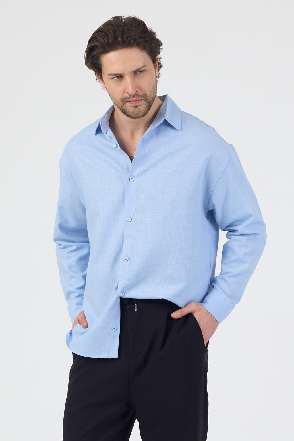 Erkek Pamuklu Keten Görünümlü Gömlek Mavi