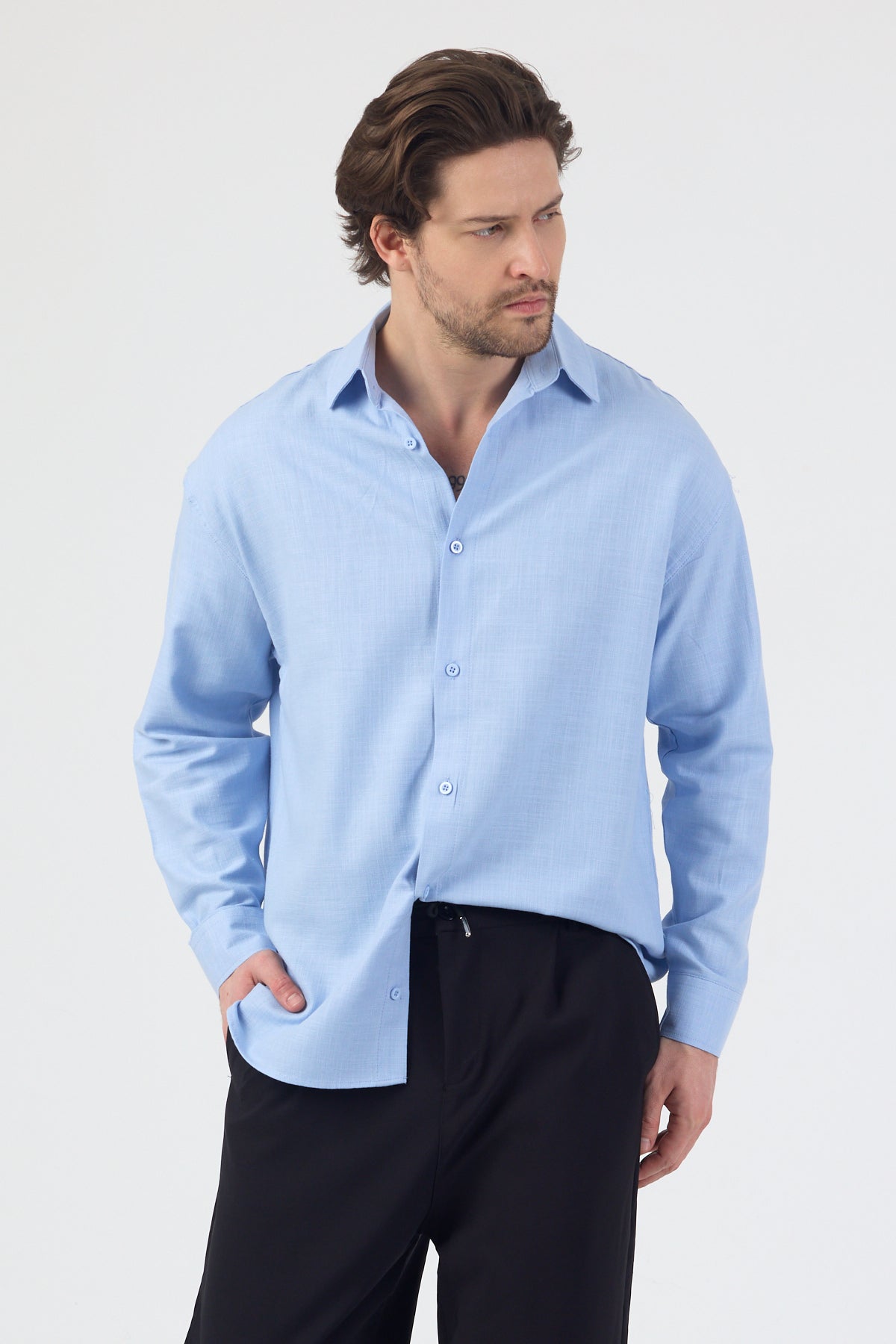 Erkek Pamuklu Keten Görünümlü Gömlek Mavi