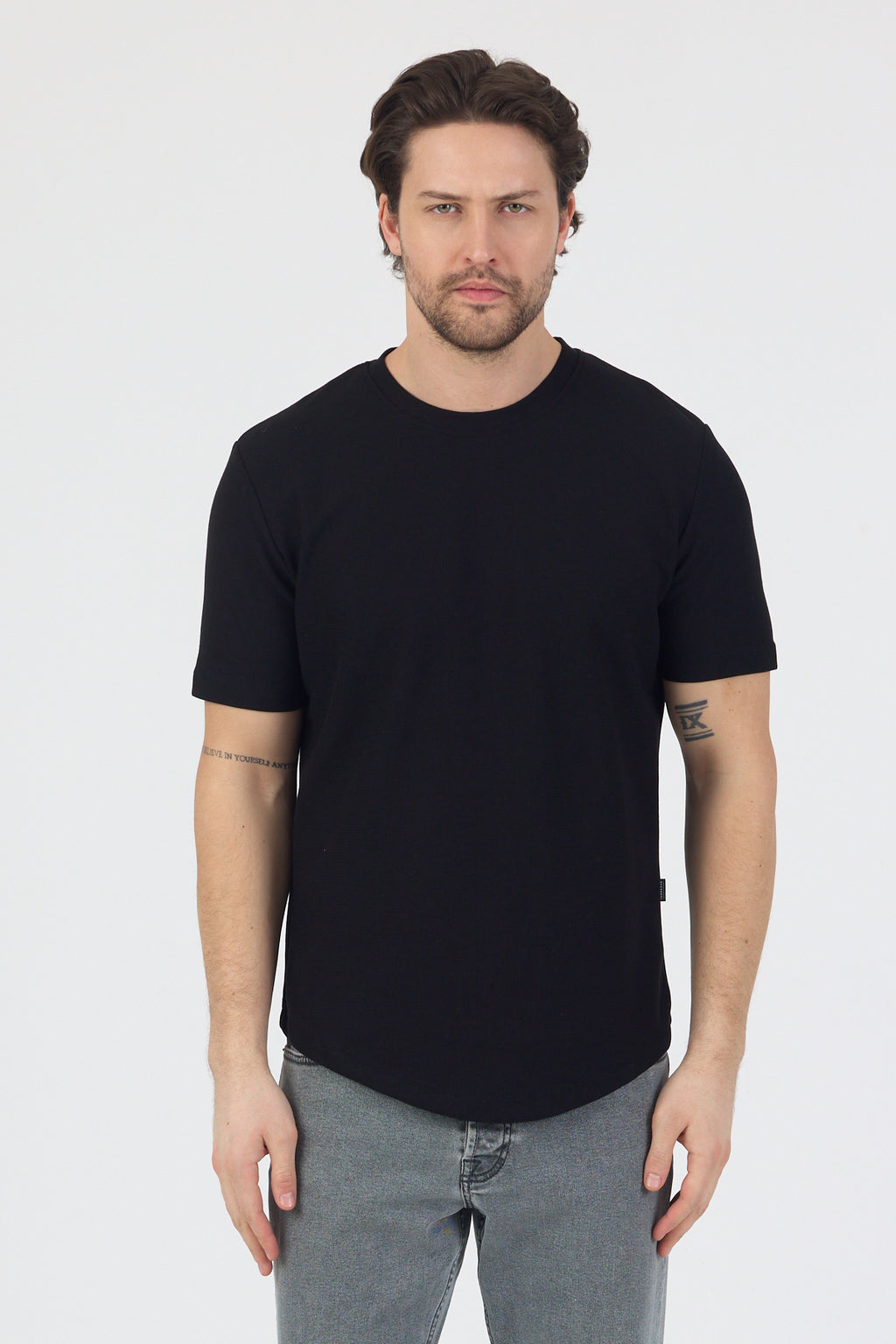 Erkek Pirinç Dokulu Örme Basic Tshirt Siyah