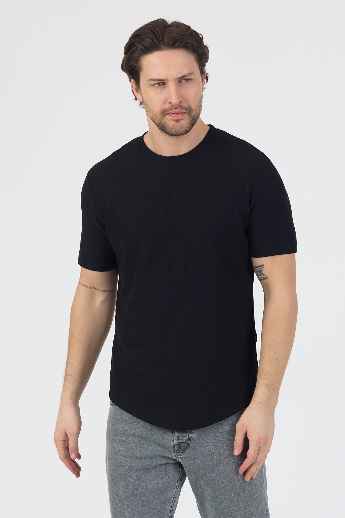 Erkek Pirinç Dokulu Örme Basic Tshirt Siyah