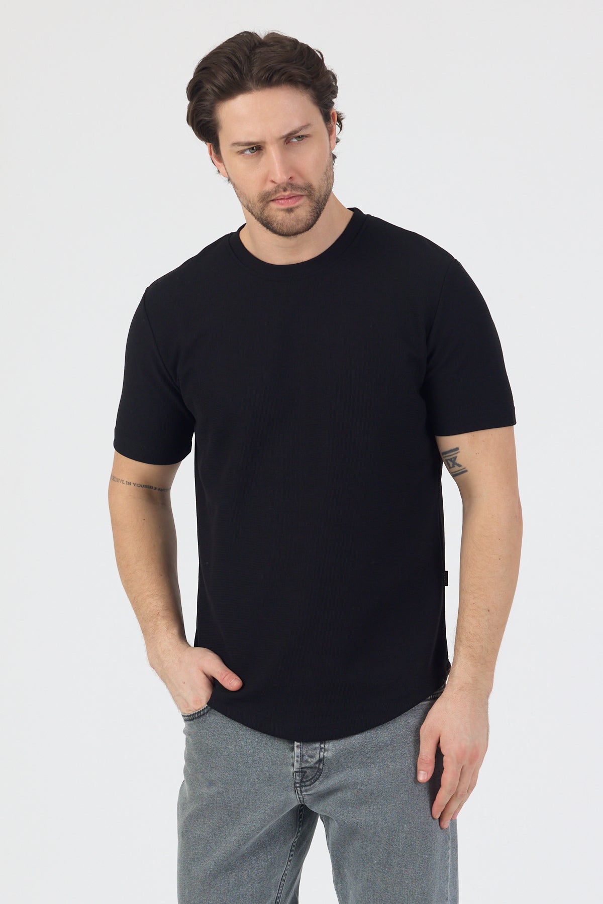 Erkek Pirinç Dokulu Örme Basic Tshirt Siyah