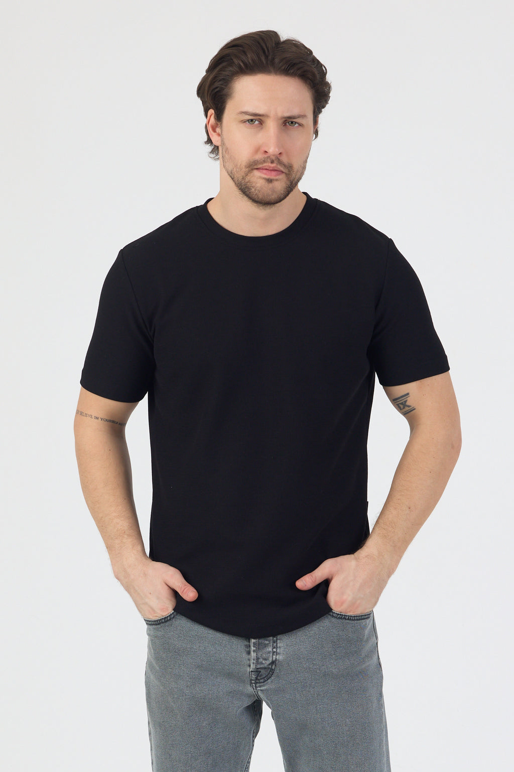 Erkek Pirinç Dokulu Örme Basic Tshirt Siyah