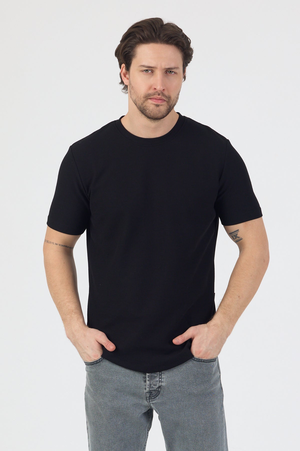 Erkek Pirinç Dokulu Örme Basic Tshirt Siyah