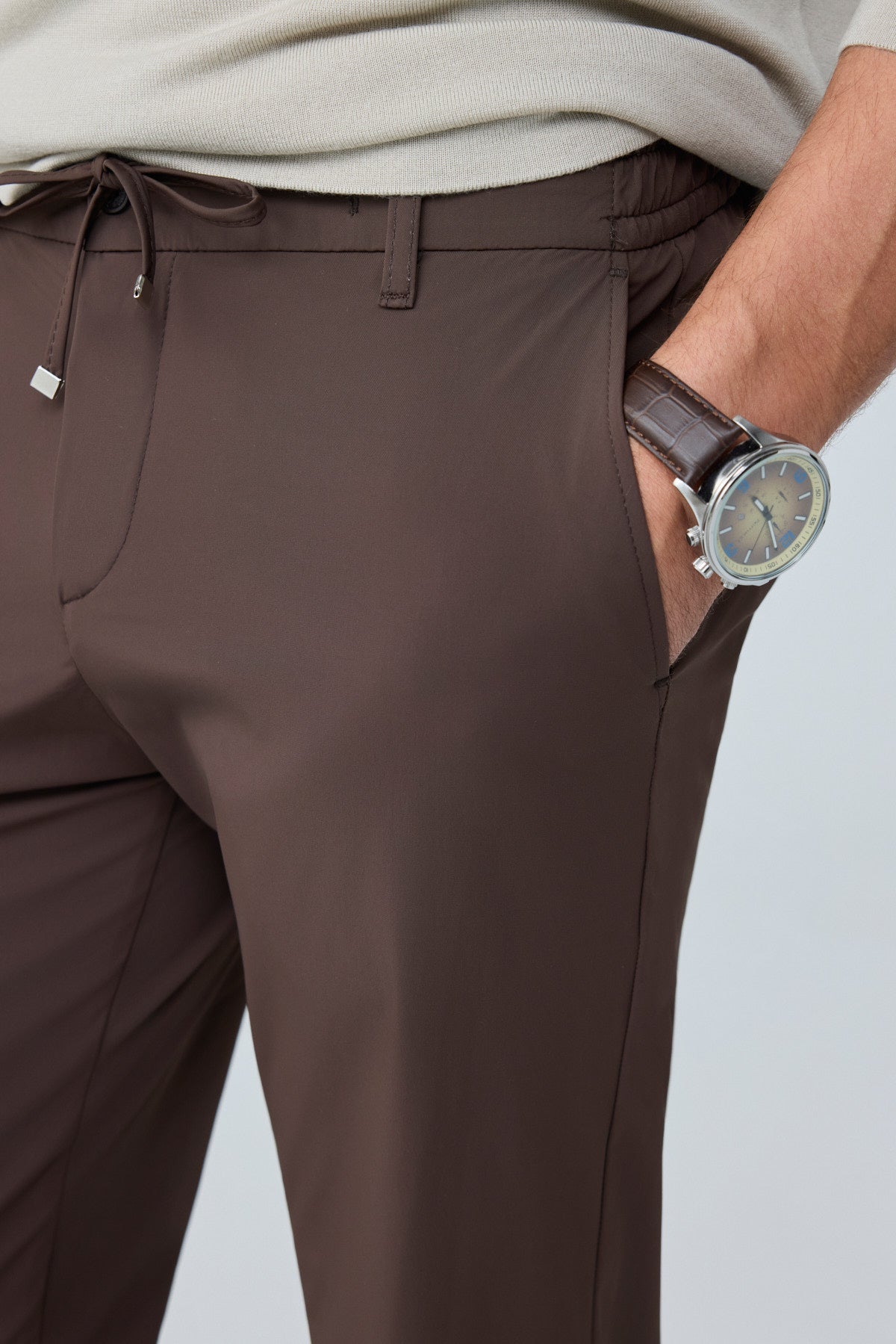 Erkek Premium Poliamid Kumaş Comfort Fit Jogger Kahverengi Pantolon - 252DNGR