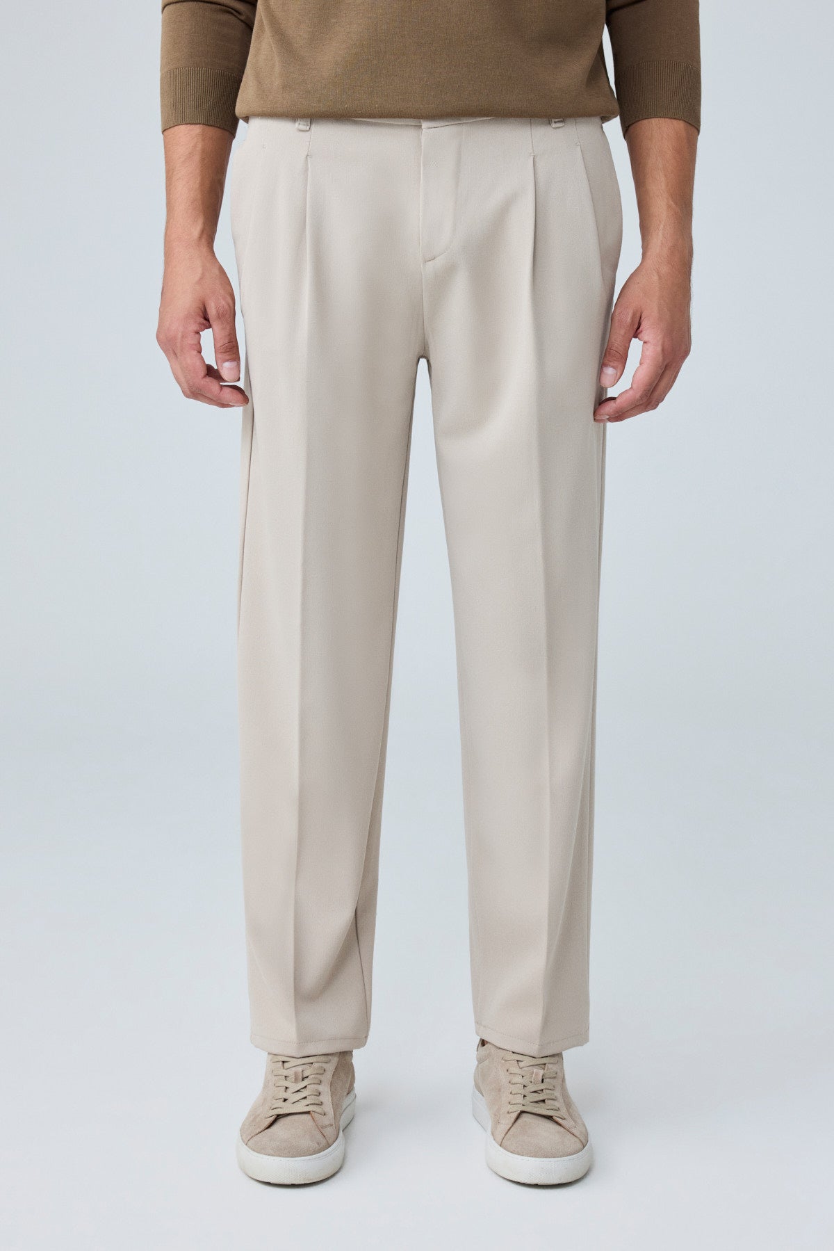 Erkek Baggy Fit Pileli Kumaş Pantolon Bej 0172DNGR