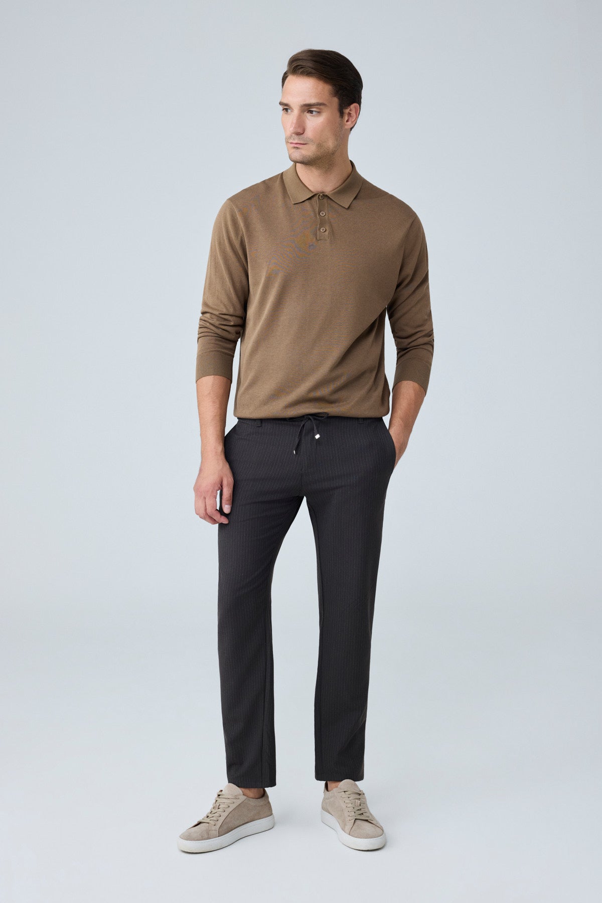 Erkek Comfort Fit Kahverengi Çizgili Jogger Pantolon Esnek Kumaş 0247DNGR