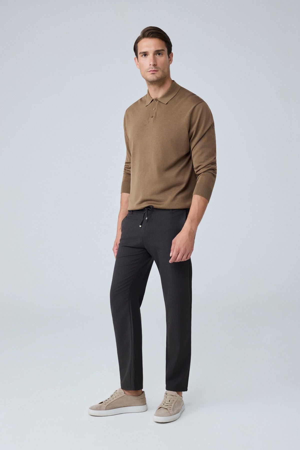 Erkek Comfort Fit Kahverengi Çizgili Jogger Pantolon Esnek Kumaş 0247DNGR