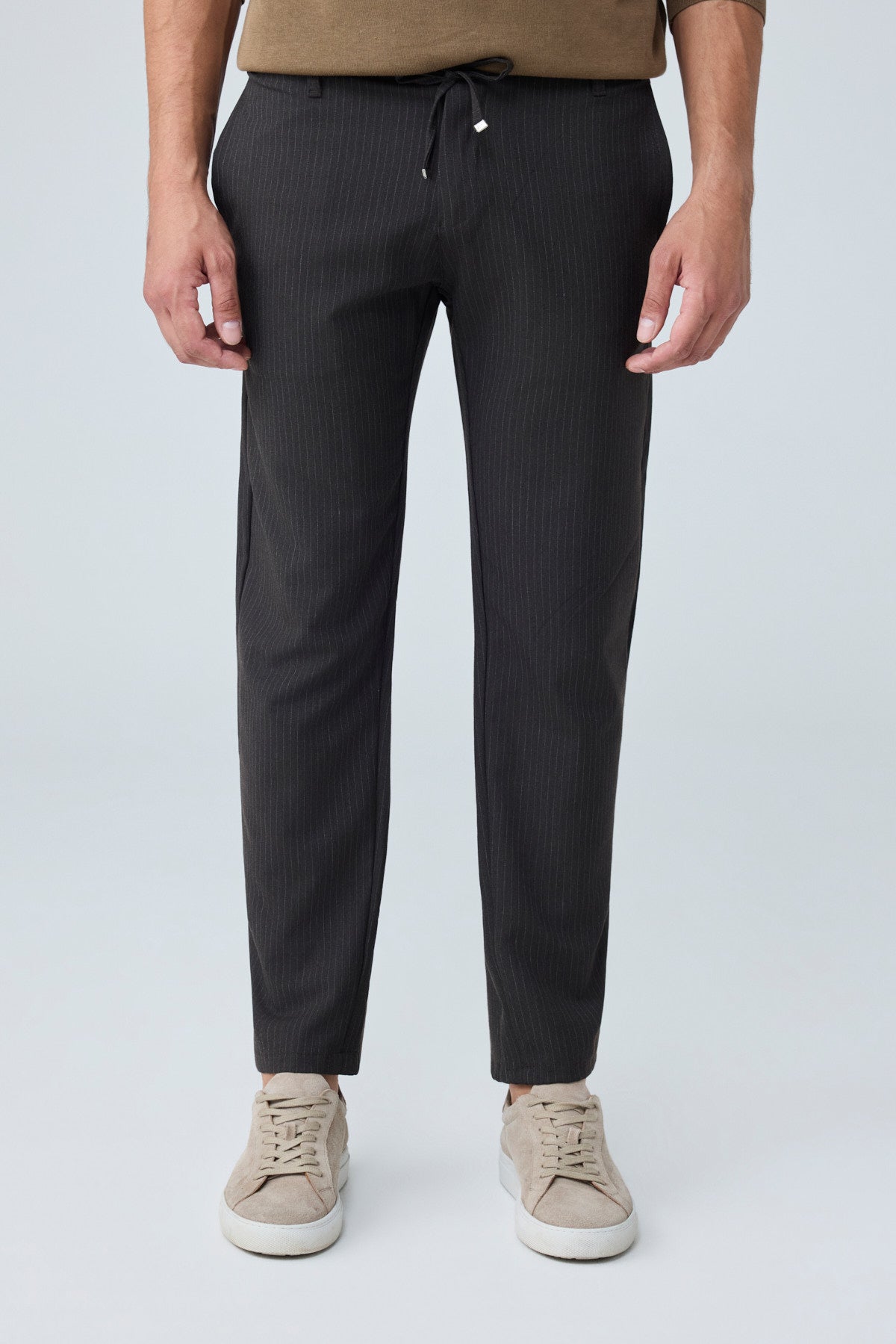 Erkek Comfort Fit Kahverengi Çizgili Jogger Pantolon Esnek Kumaş 0247DNGR
