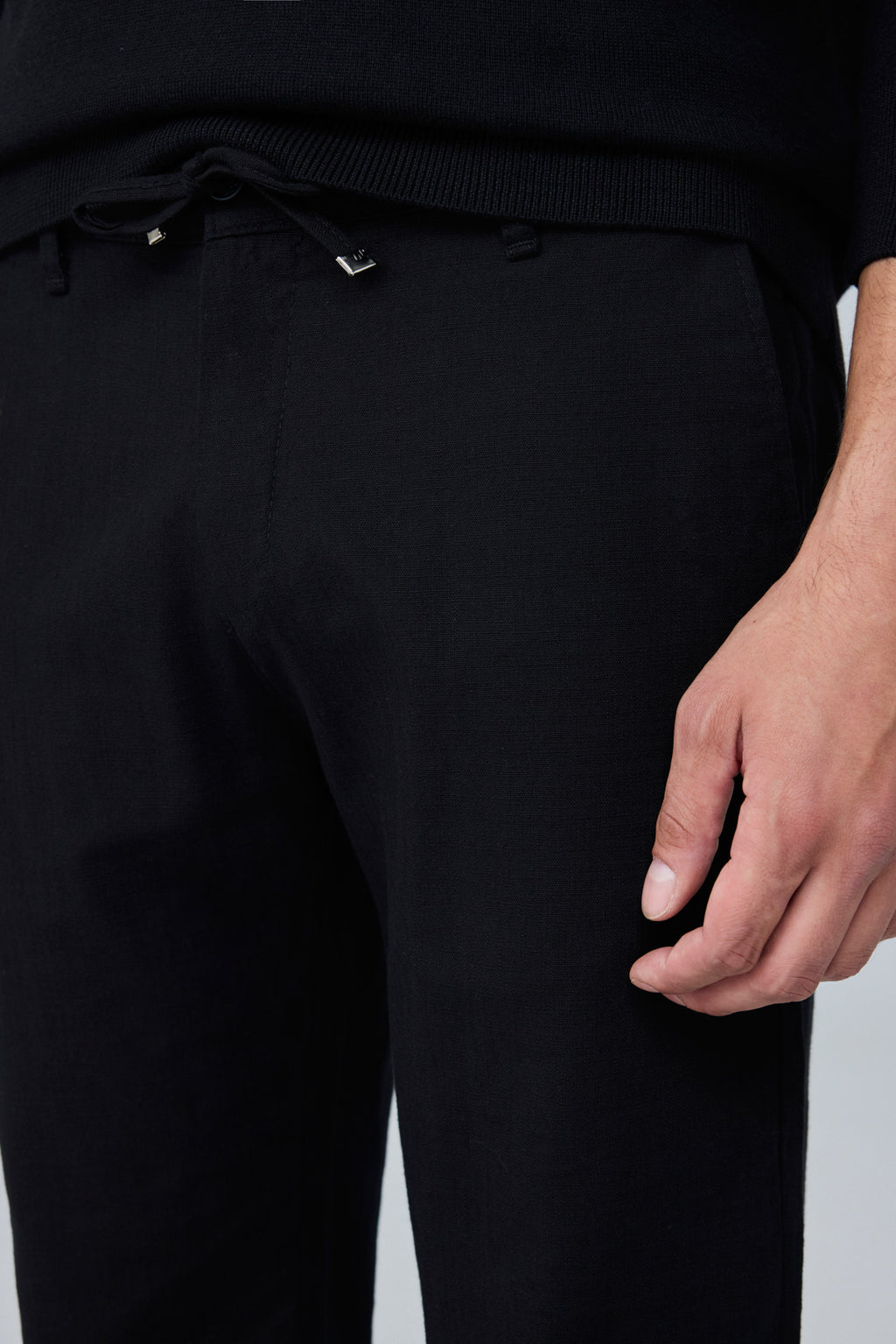 Erkek Pamuk Viskon Kumaş Keten Görünümlü Siyah Comfort Fit  Pantolon - 216DNGR