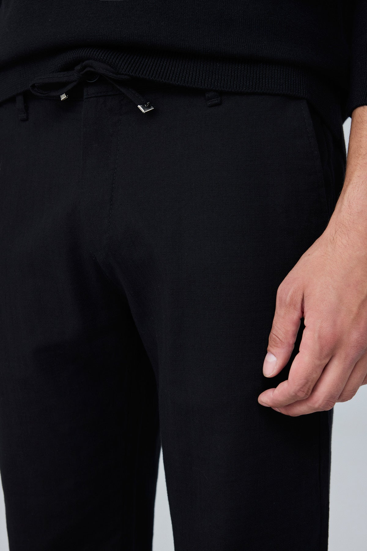 Erkek Pamuk Viskon Kumaş Keten Görünümlü Siyah Comfort Fit  Pantolon - 216DNGR