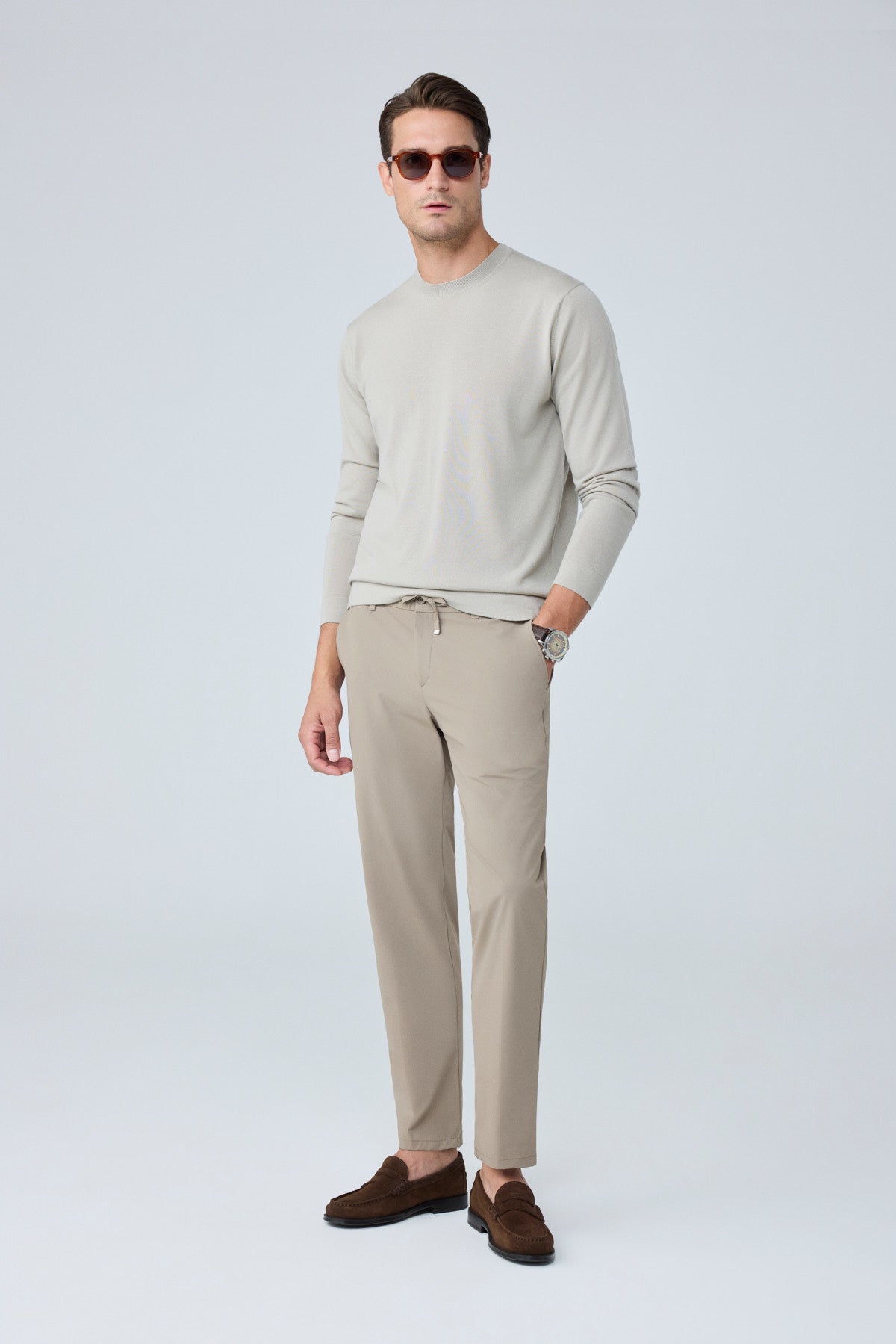 Erkek Premium Poliamid Kumaş Comfort Fit Jogger Bej Pantolon - 252DNGR