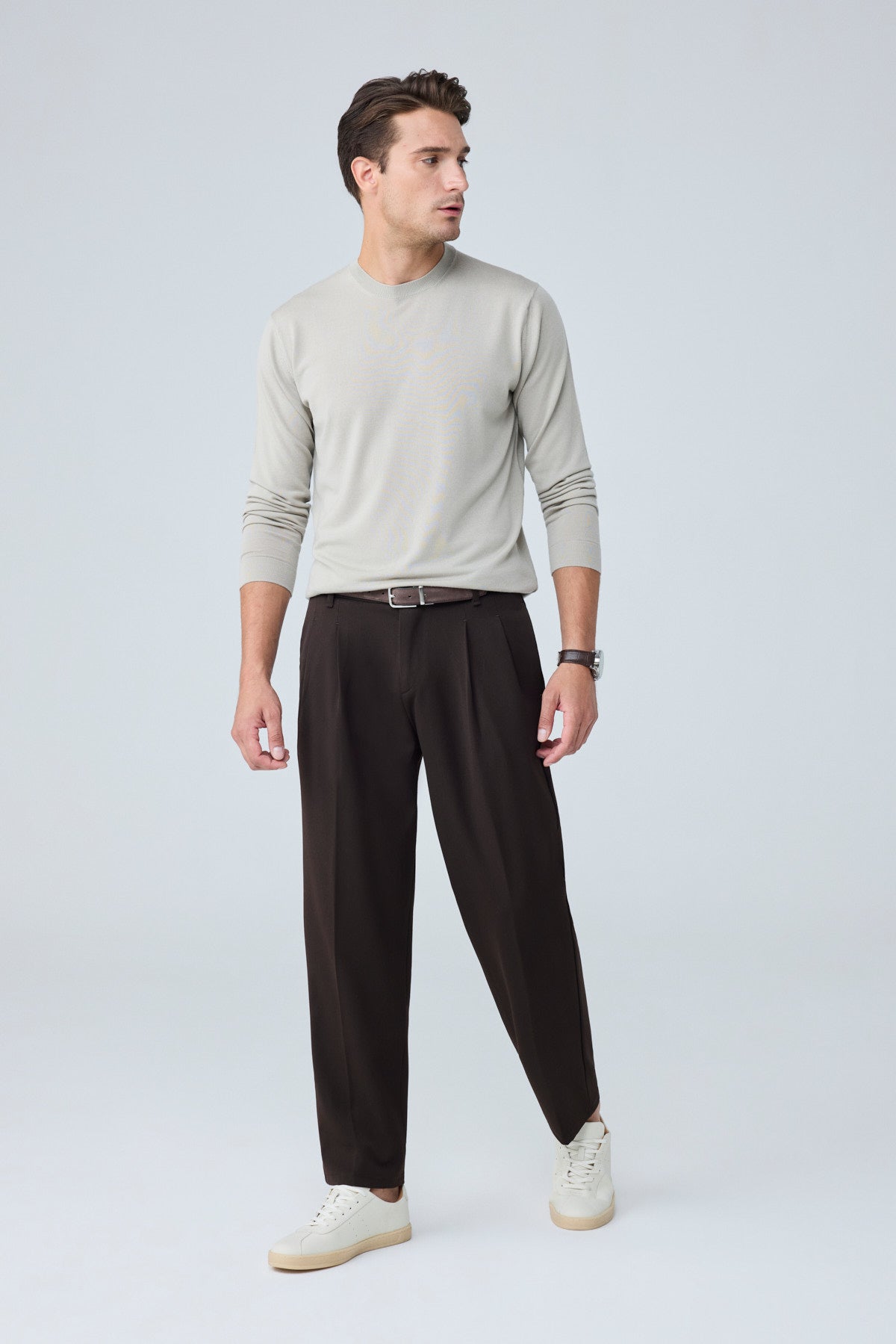 Erkek  Baggy Fit Pileli Kumaş Pantolon Kahverengi 0172DNGR