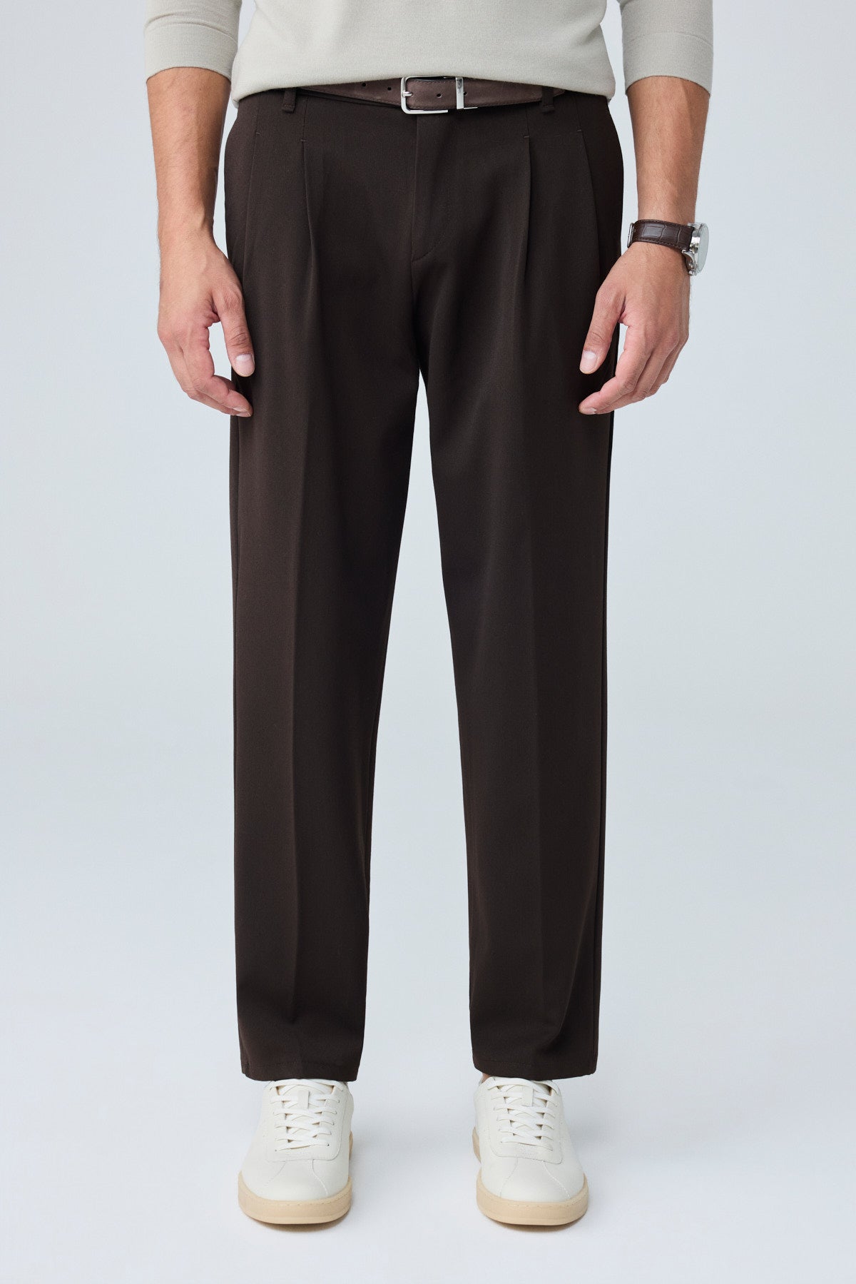 Erkek  Baggy Fit Pileli Kumaş Pantolon Kahverengi 0172DNGR