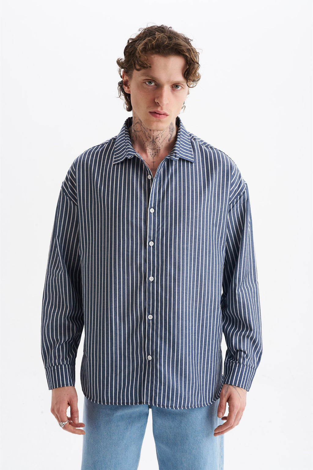 Erkek %100 Pamuklu Çizgili Gömlek Lacivert