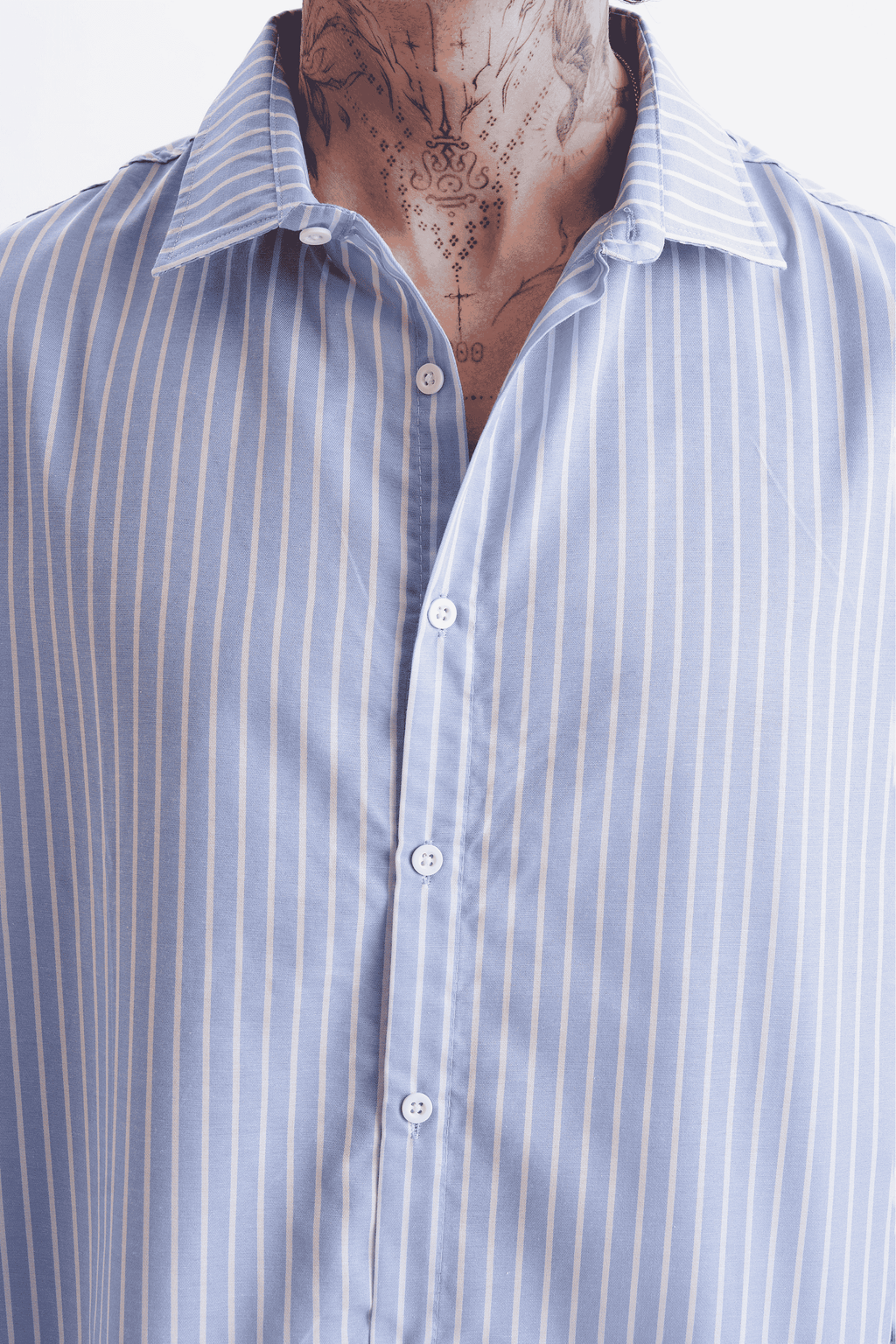 Erkek %100 Pamuklu Çizgili Gömlek Buz Mavisi