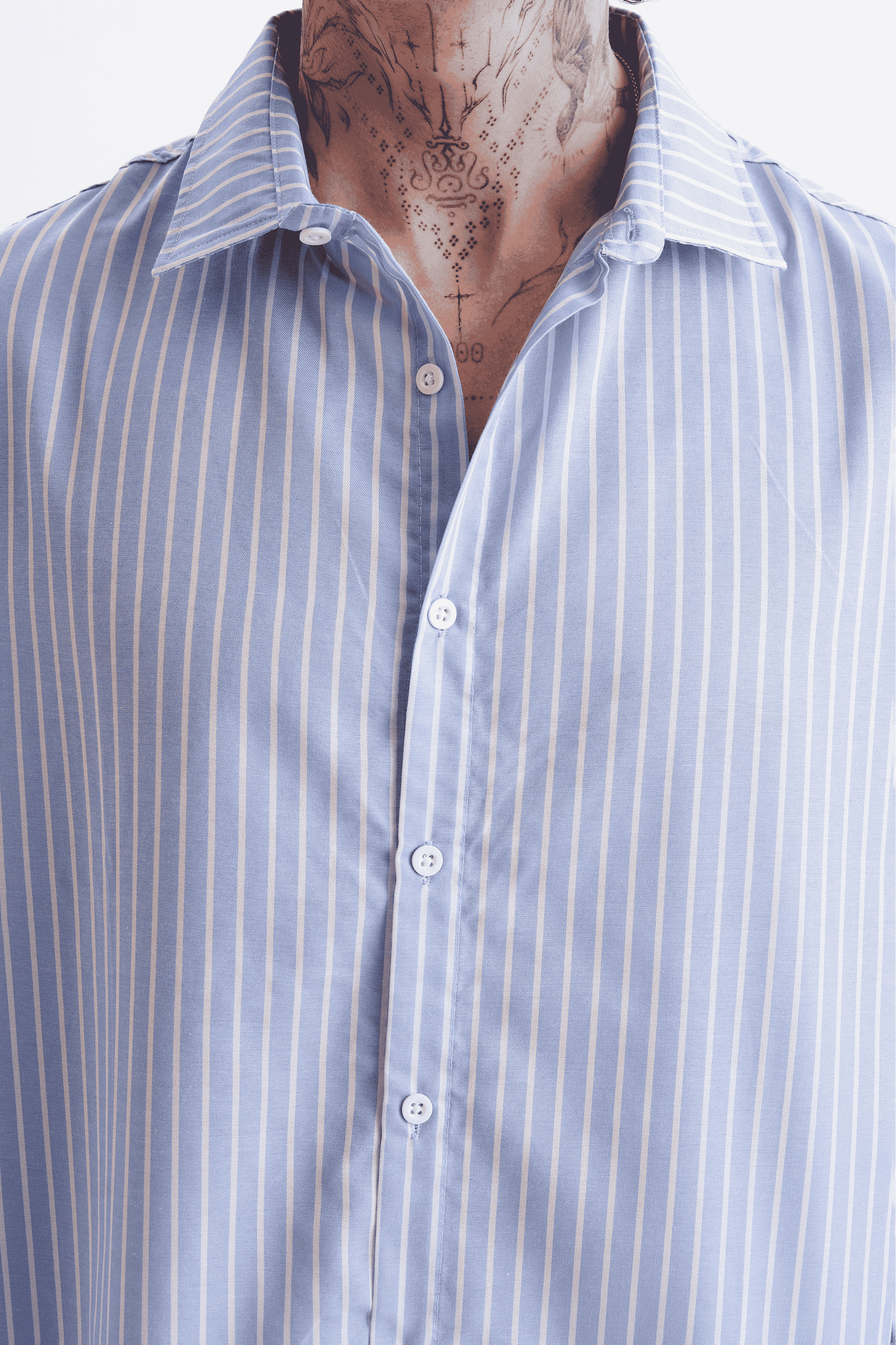 Erkek %100 Pamuklu Çizgili Gömlek Buz Mavisi