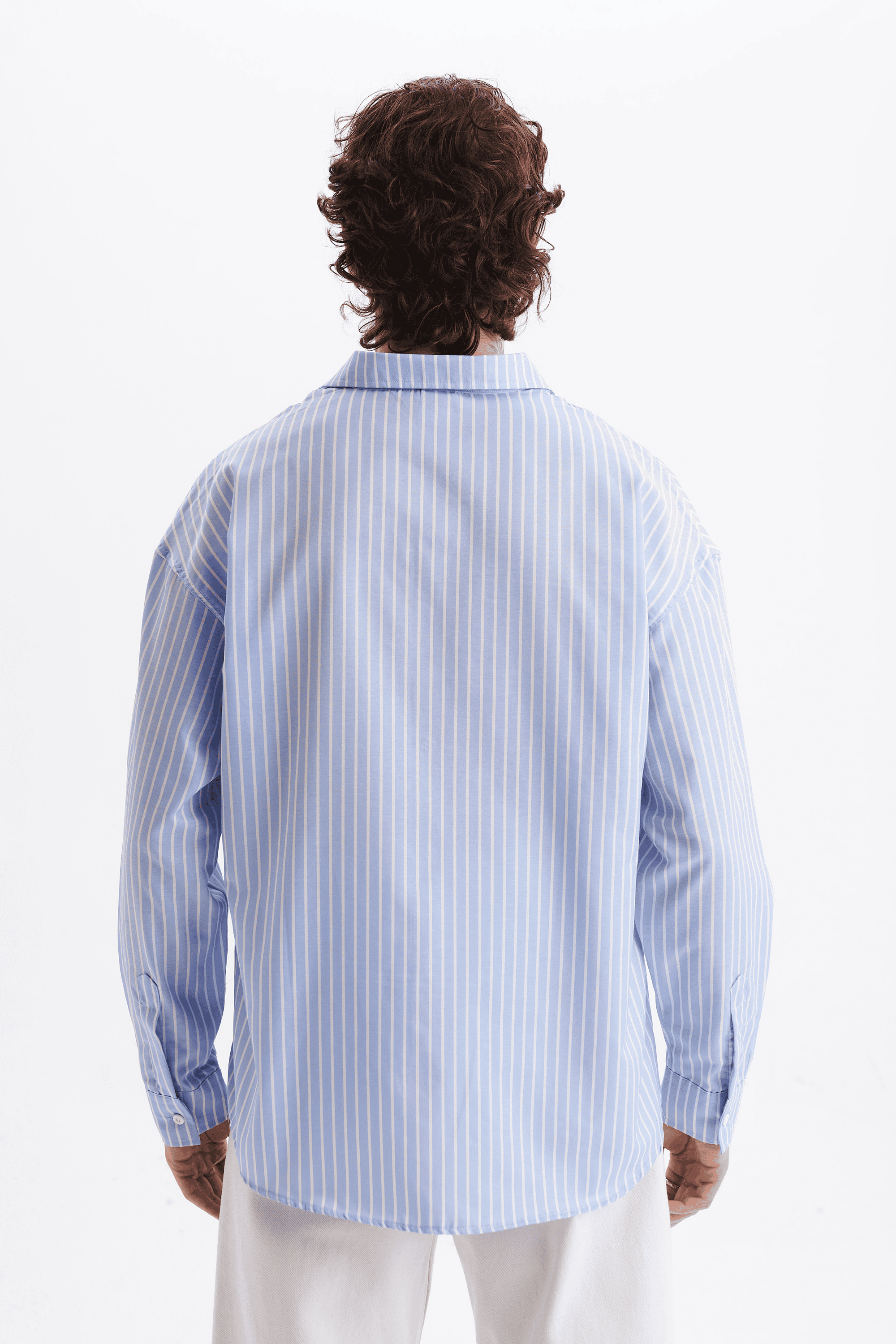 Erkek %100 Pamuklu Çizgili Gömlek Buz Mavisi