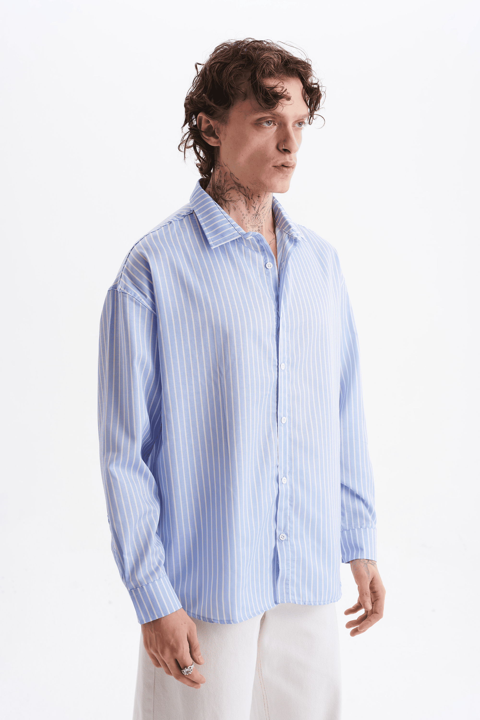 Erkek %100 Pamuklu Çizgili Gömlek Buz Mavisi