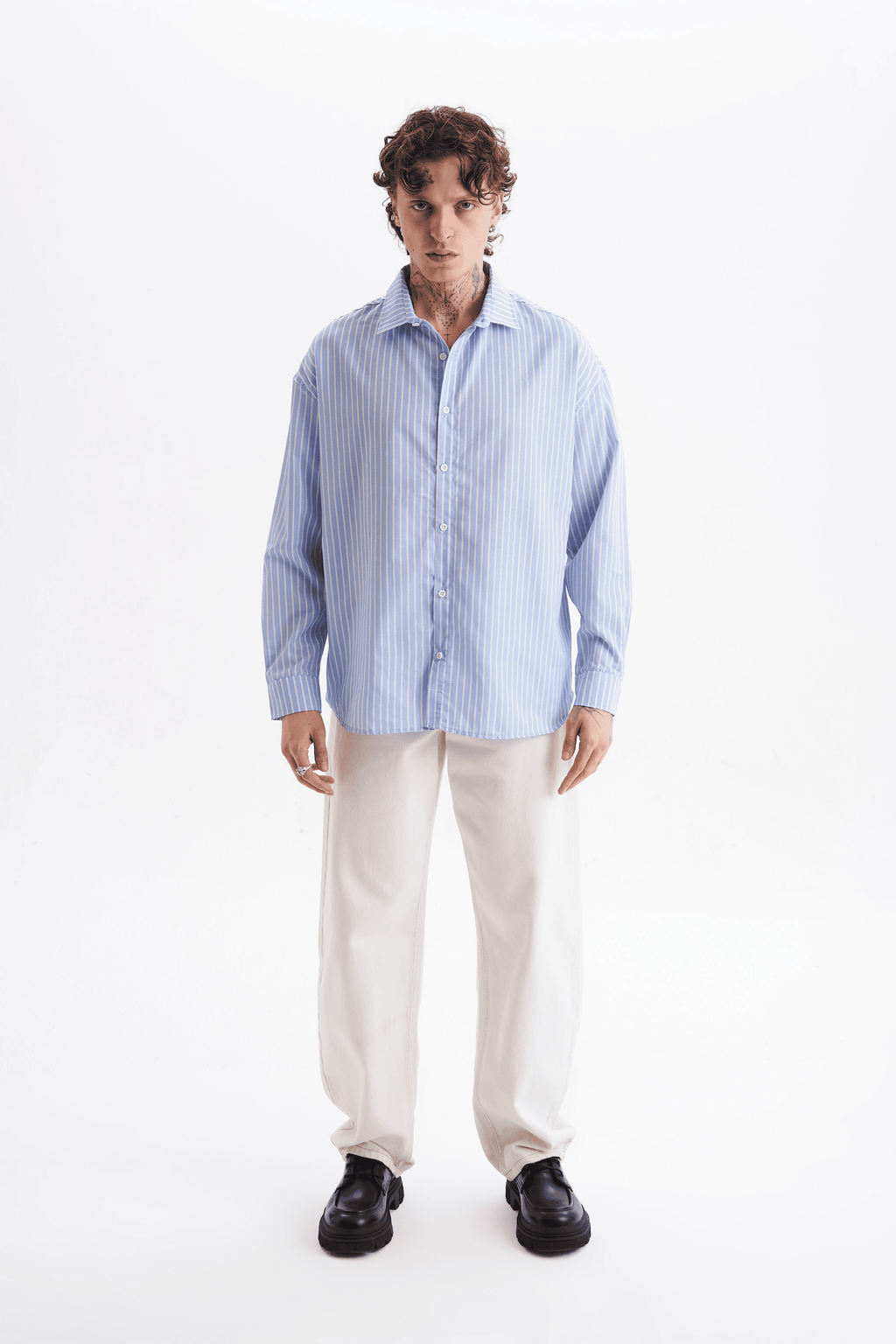 Erkek %100 Pamuklu Çizgili Gömlek Buz Mavisi