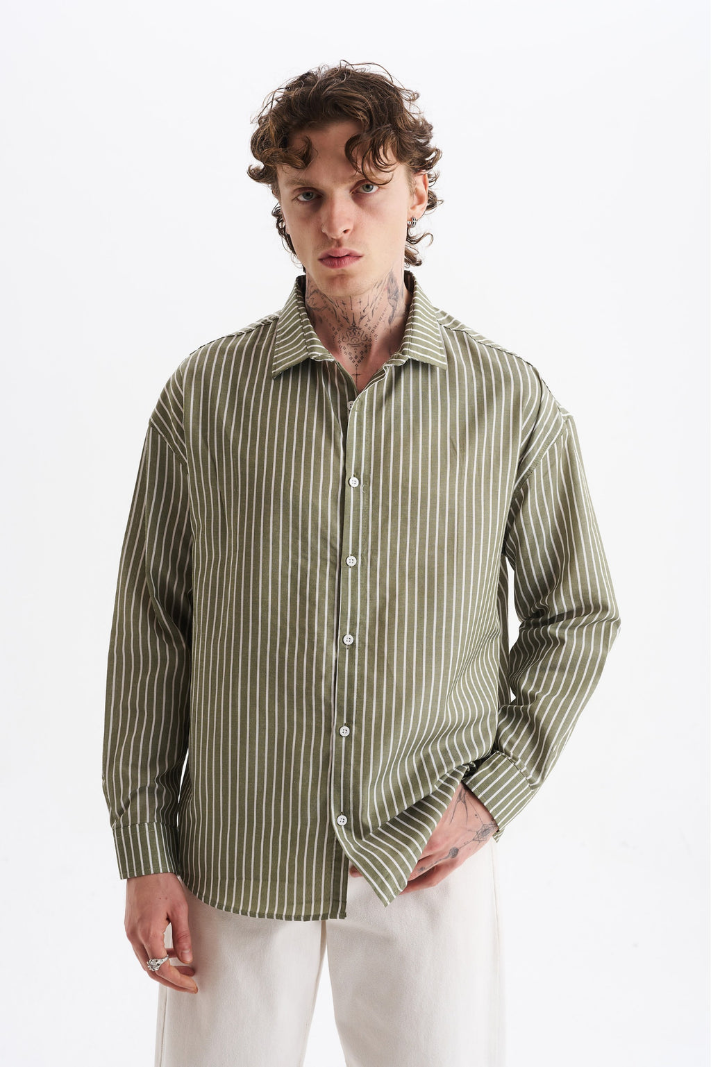 Erkek %100 Pamuklu Çizgili Gömlek Yeşil