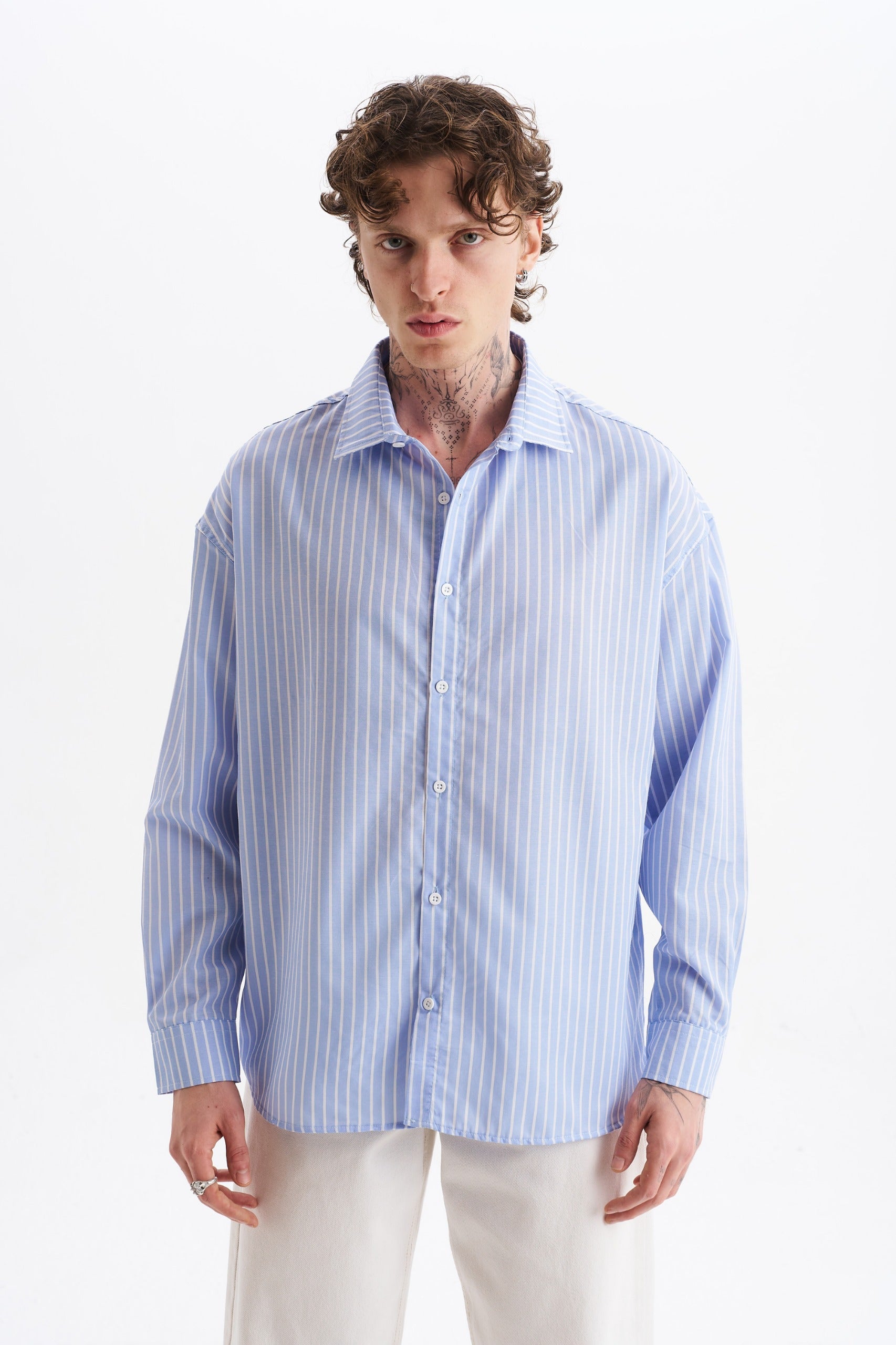 Erkek %100 Pamuklu Çizgili Gömlek Buz Mavisi