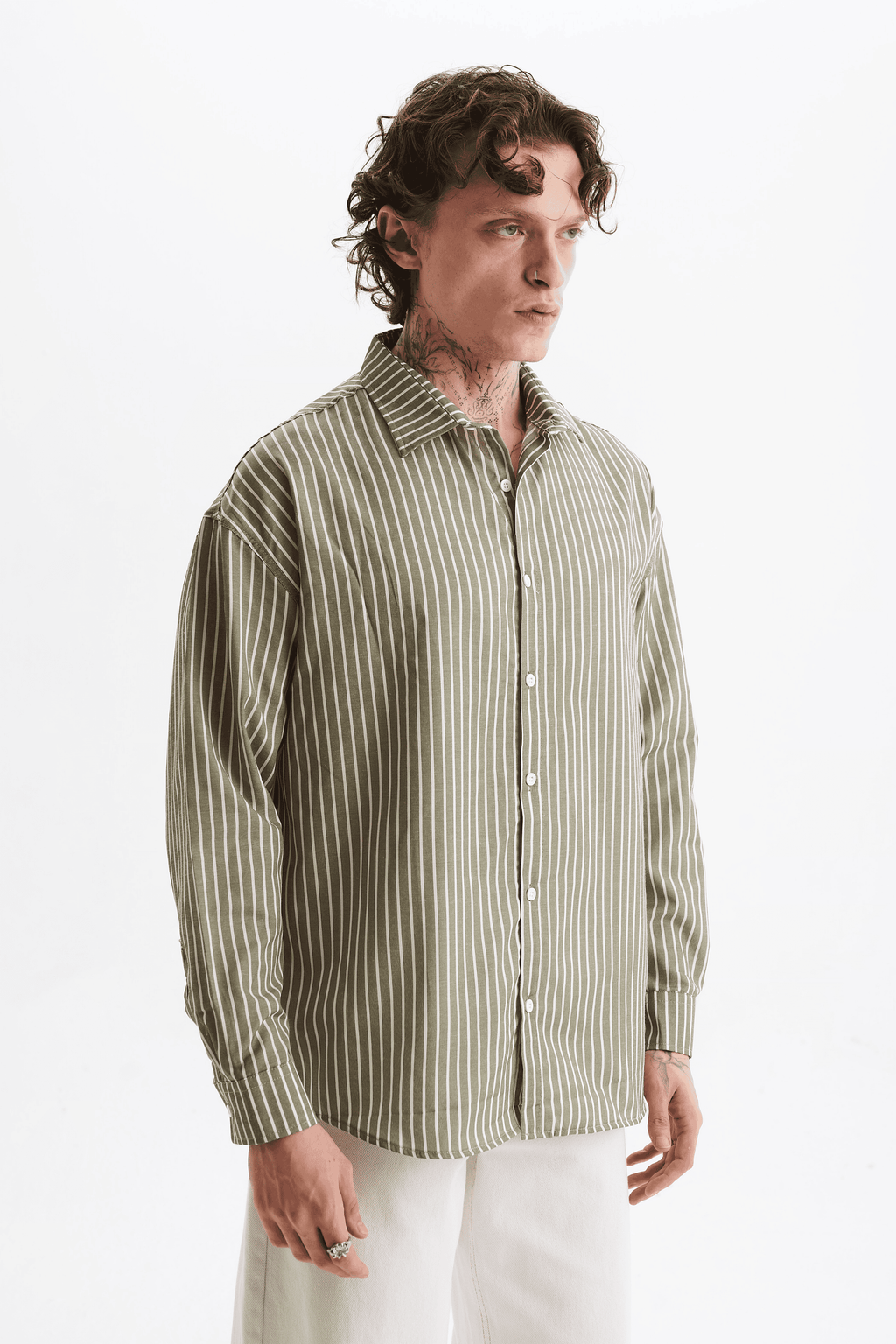Erkek %100 Pamuklu Çizgili Gömlek Yeşil