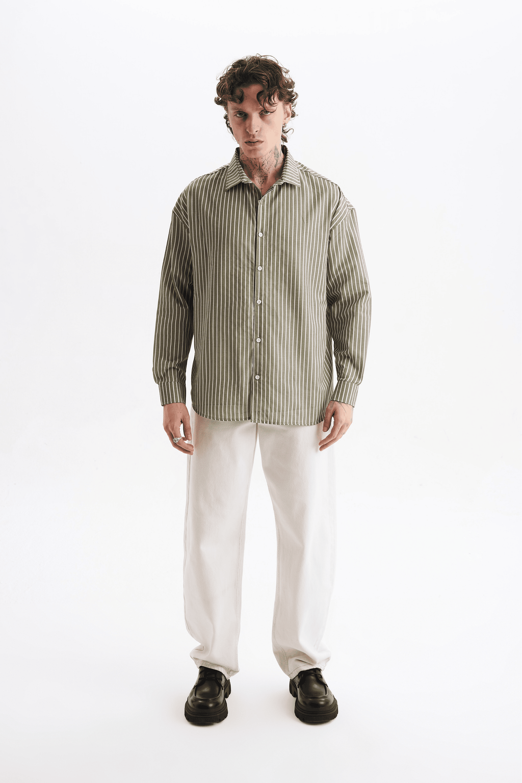 Erkek %100 Pamuklu Çizgili Gömlek Yeşil