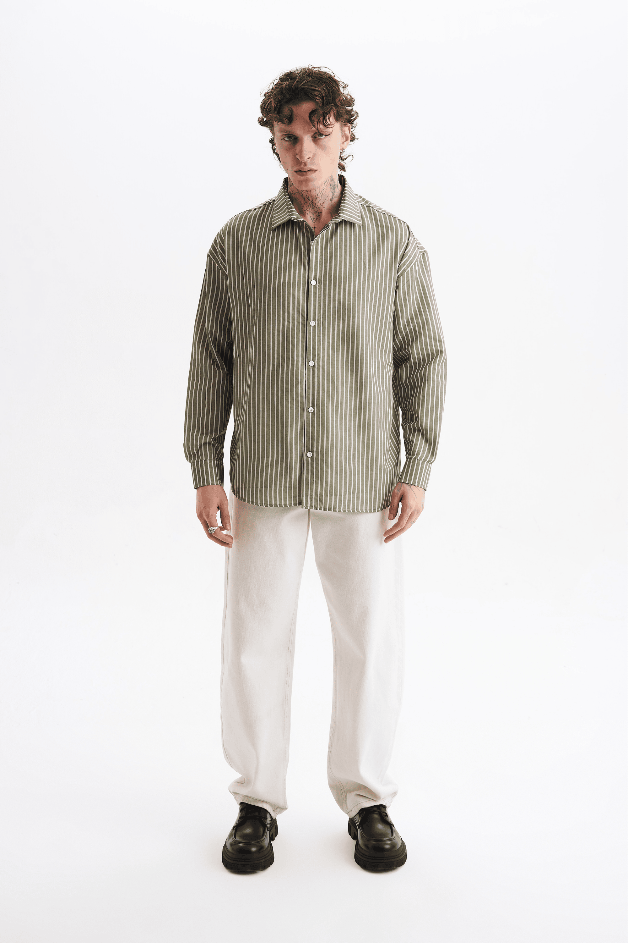 Erkek %100 Pamuklu Çizgili Gömlek Yeşil