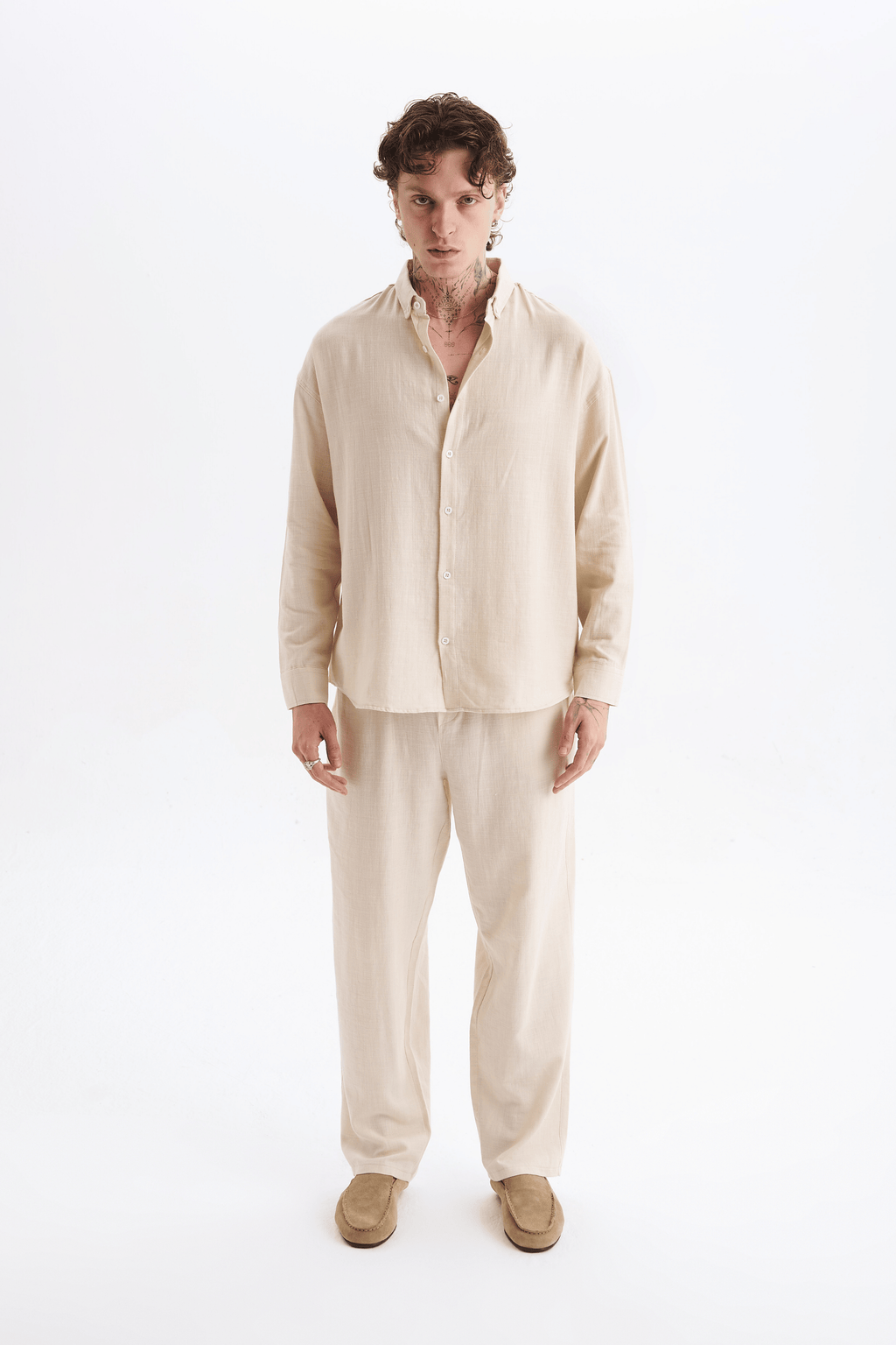 Erkek %100 Pamuklu Keten Görünümlü Pantolon Gömlek Takım Bej