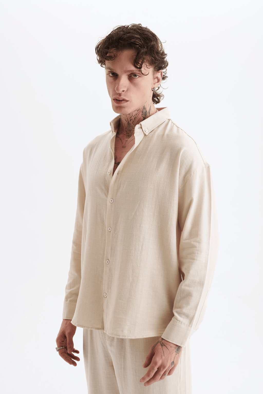 Erkek %100 Pamuklu Keten Görünümlü Pantolon Gömlek Takım Bej